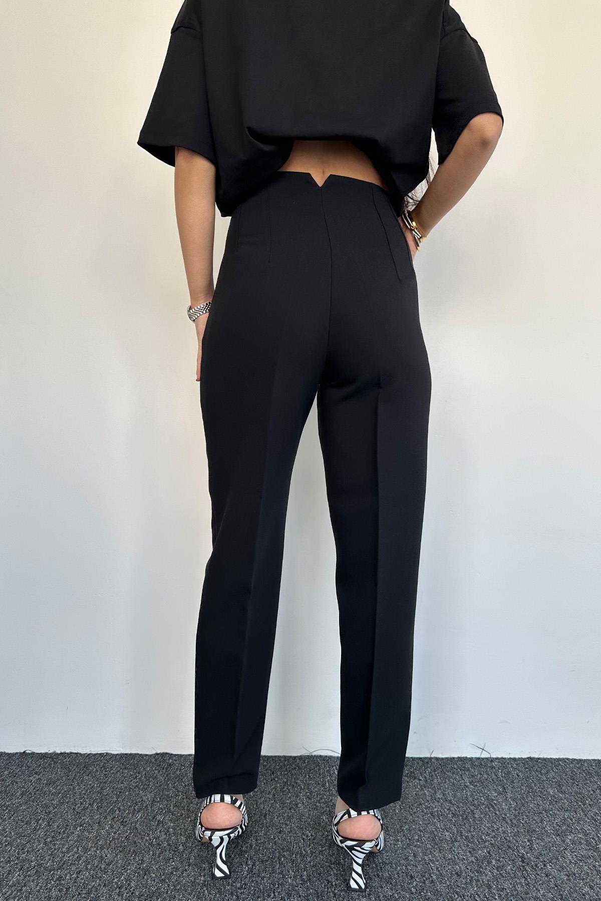 YÜKSEK BEL PENSLİ PREMIUM KUMAŞ PANTOLON SİYAH
