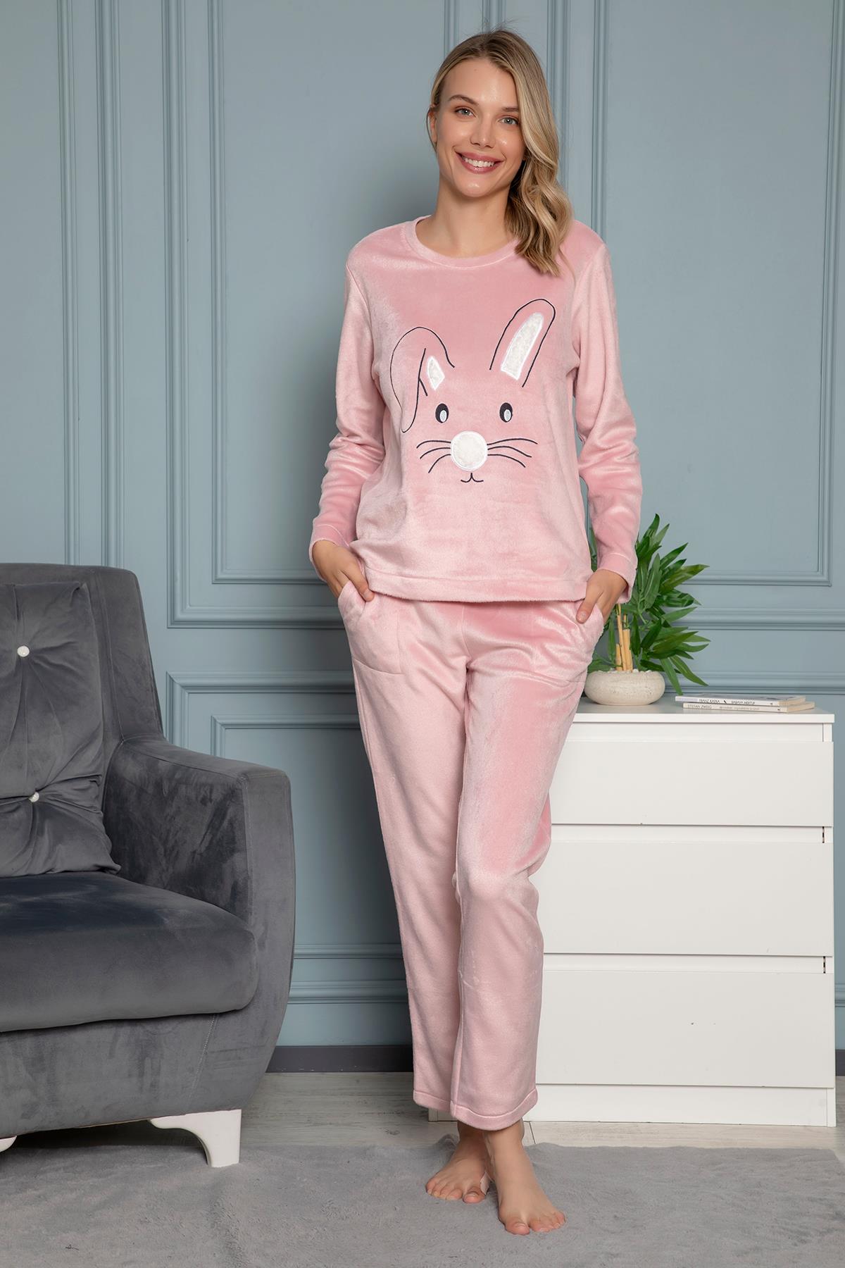 Tavşan Nakışlı Polar Uzun Kollu Pijama Takımı PEMBE