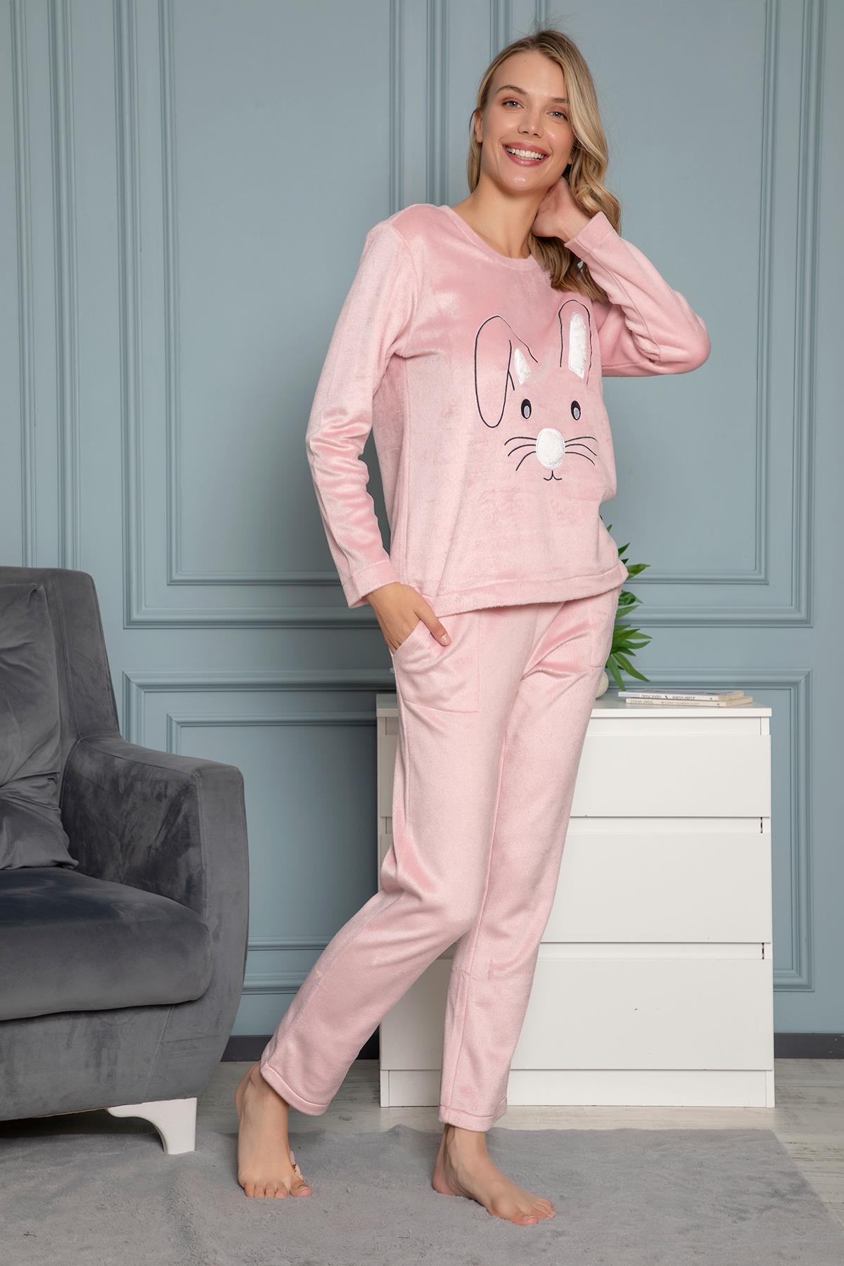 Tavşan Nakışlı Polar Uzun Kollu Pijama Takımı PEMBE