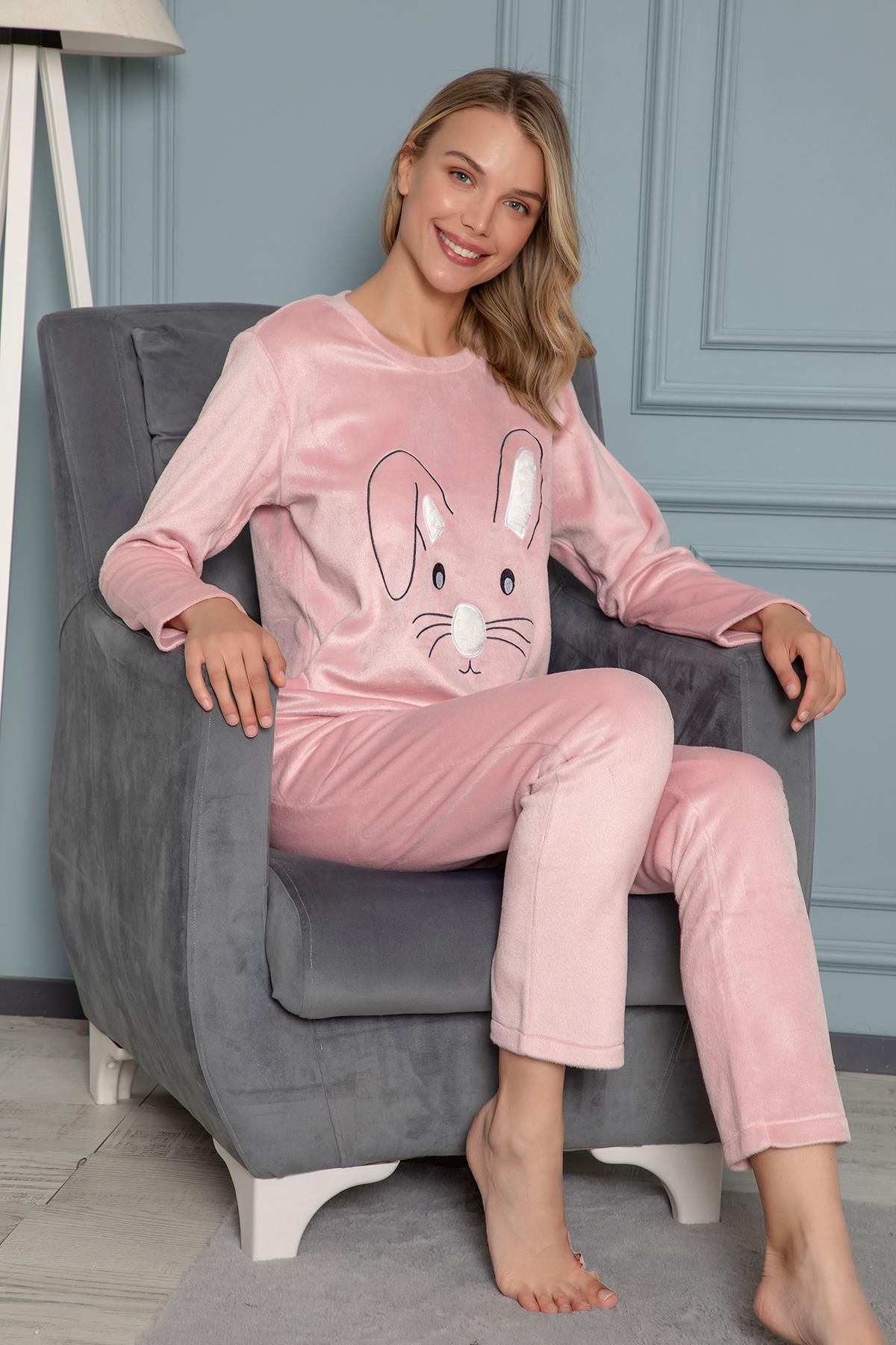 Tavşan Nakışlı Polar Uzun Kollu Pijama Takımı PEMBE