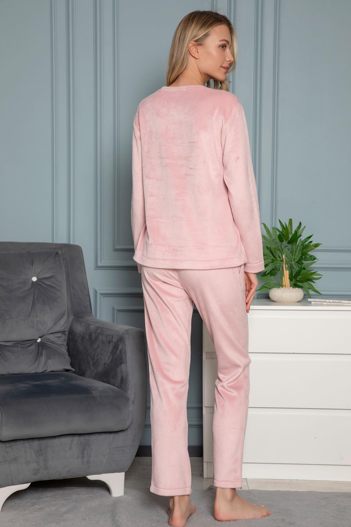 Tavşan Nakışlı Polar Uzun Kollu Pijama Takımı PEMBE