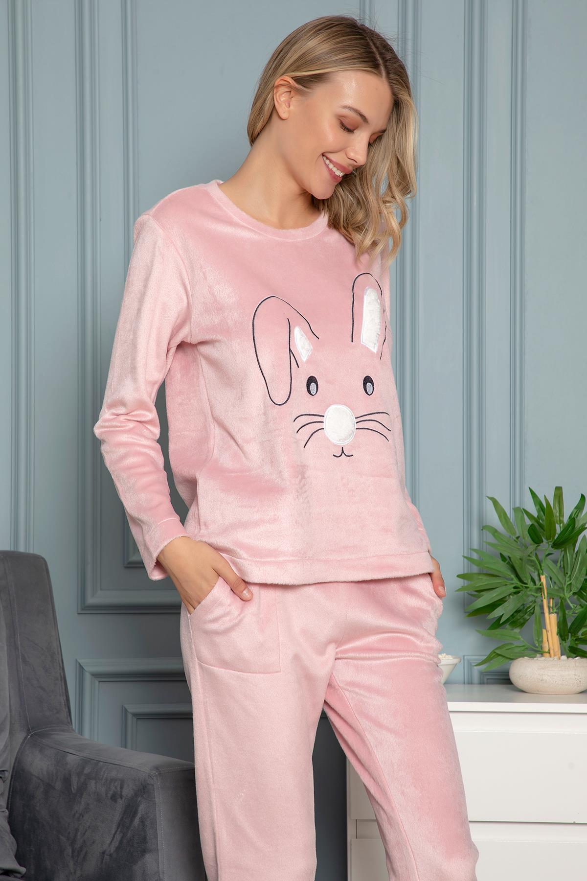 Tavşan Nakışlı Polar Uzun Kollu Pijama Takımı PEMBE