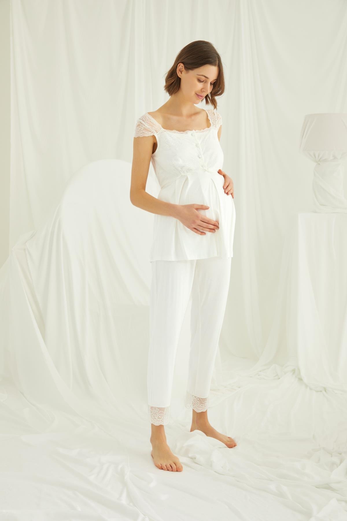Dantelli Önü Düğmeli Hamile Lohusa Pijama Takımı EKRU
