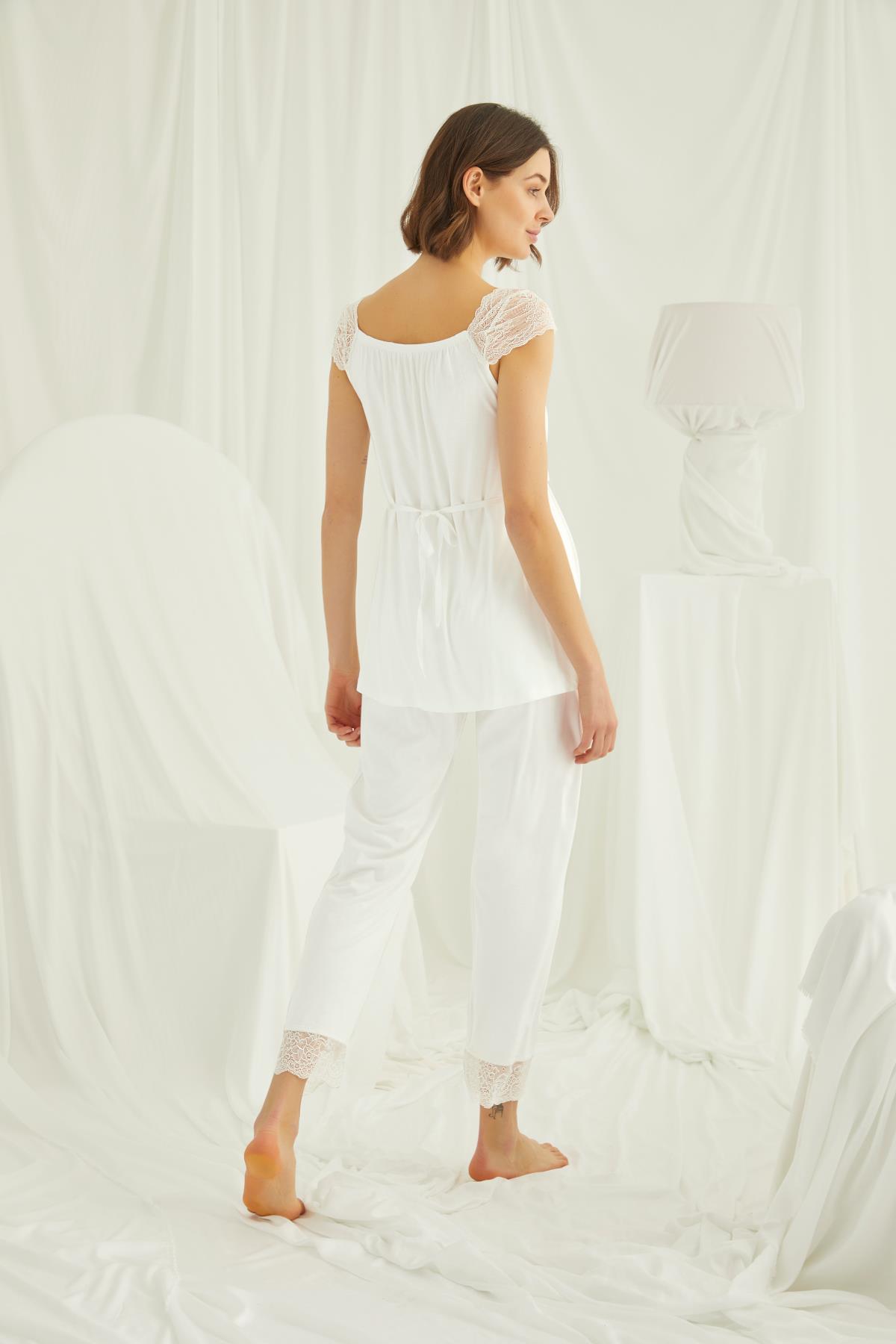 Dantelli Önü Düğmeli Hamile Lohusa Pijama Takımı EKRU