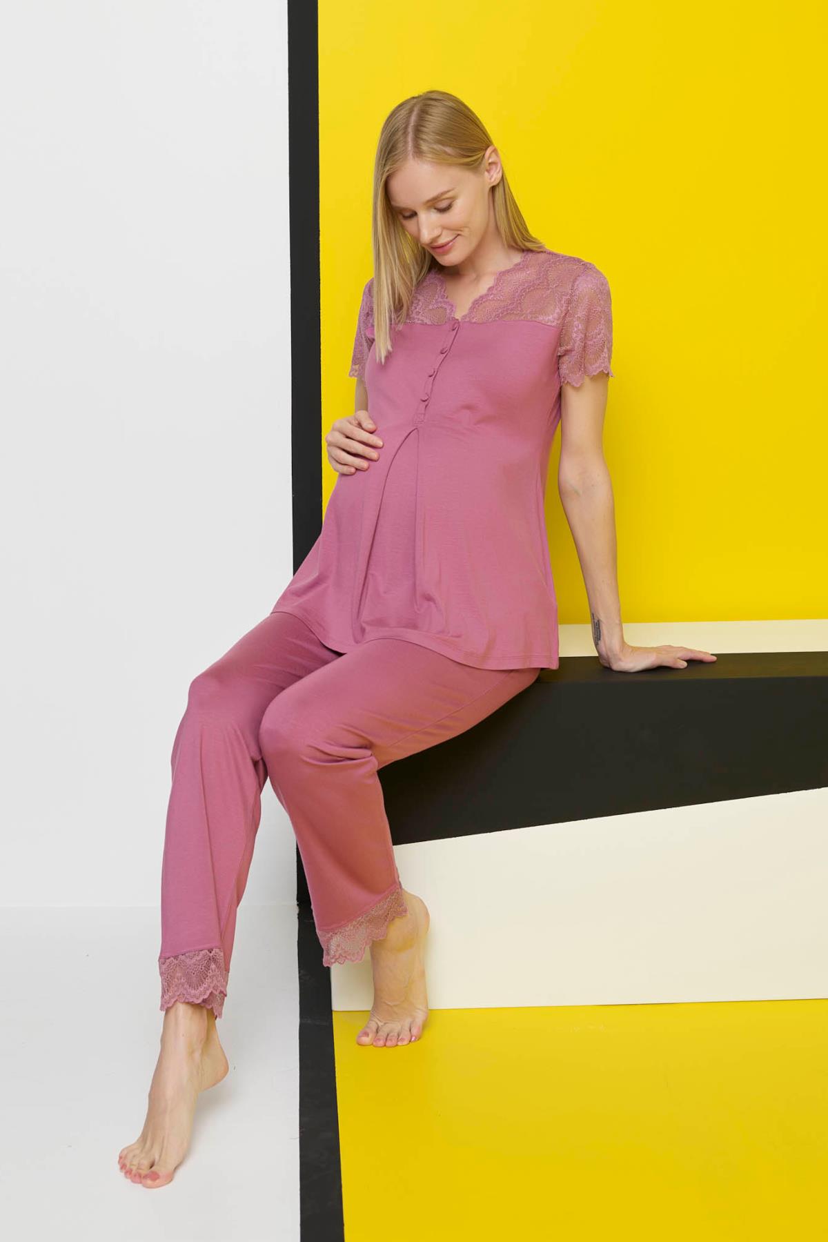 Dantelli Önü Düğmeli Hamile Lohusa Pijama Takımı GÜL KURUSU