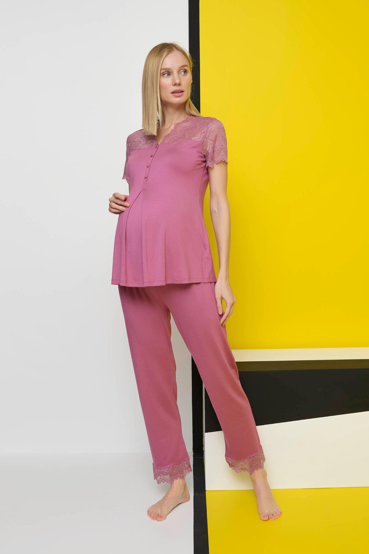 Dantelli Önü Düğmeli Hamile Lohusa Pijama Takımı GÜL KURUSU