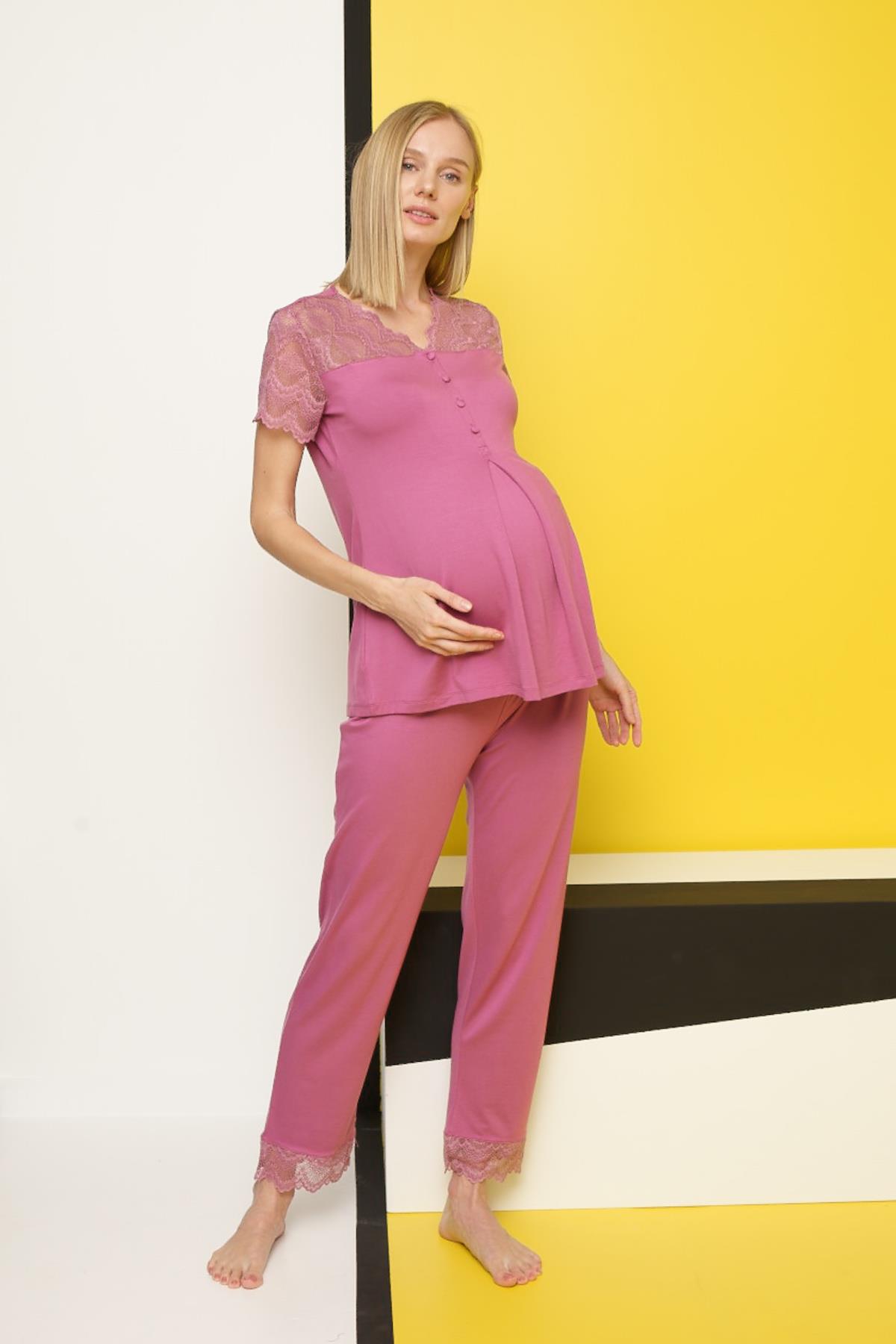 Dantelli Önü Düğmeli Hamile Lohusa Pijama Takımı GÜL KURUSU