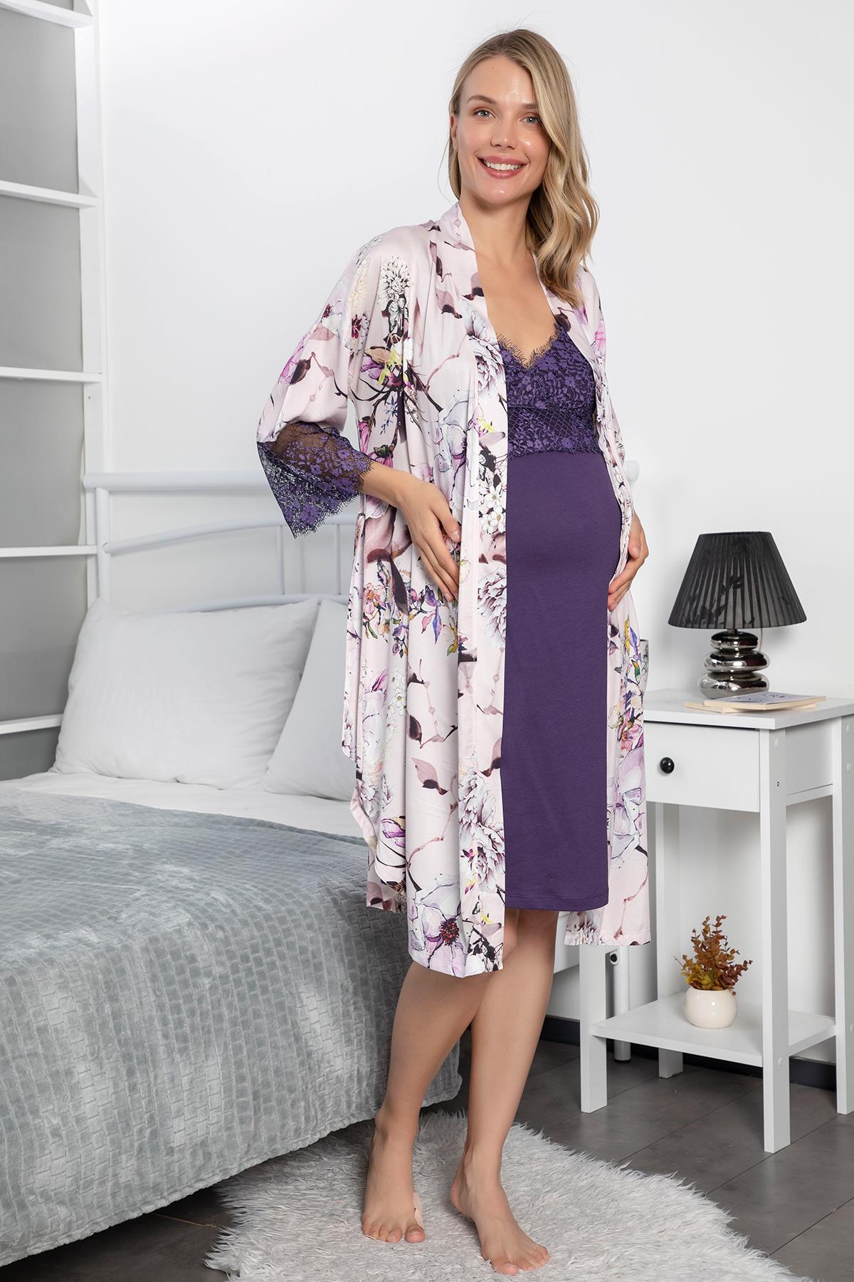 Çiçek Desenli Dantelli Hamile Lohusa Sabahlık Takımı MOR