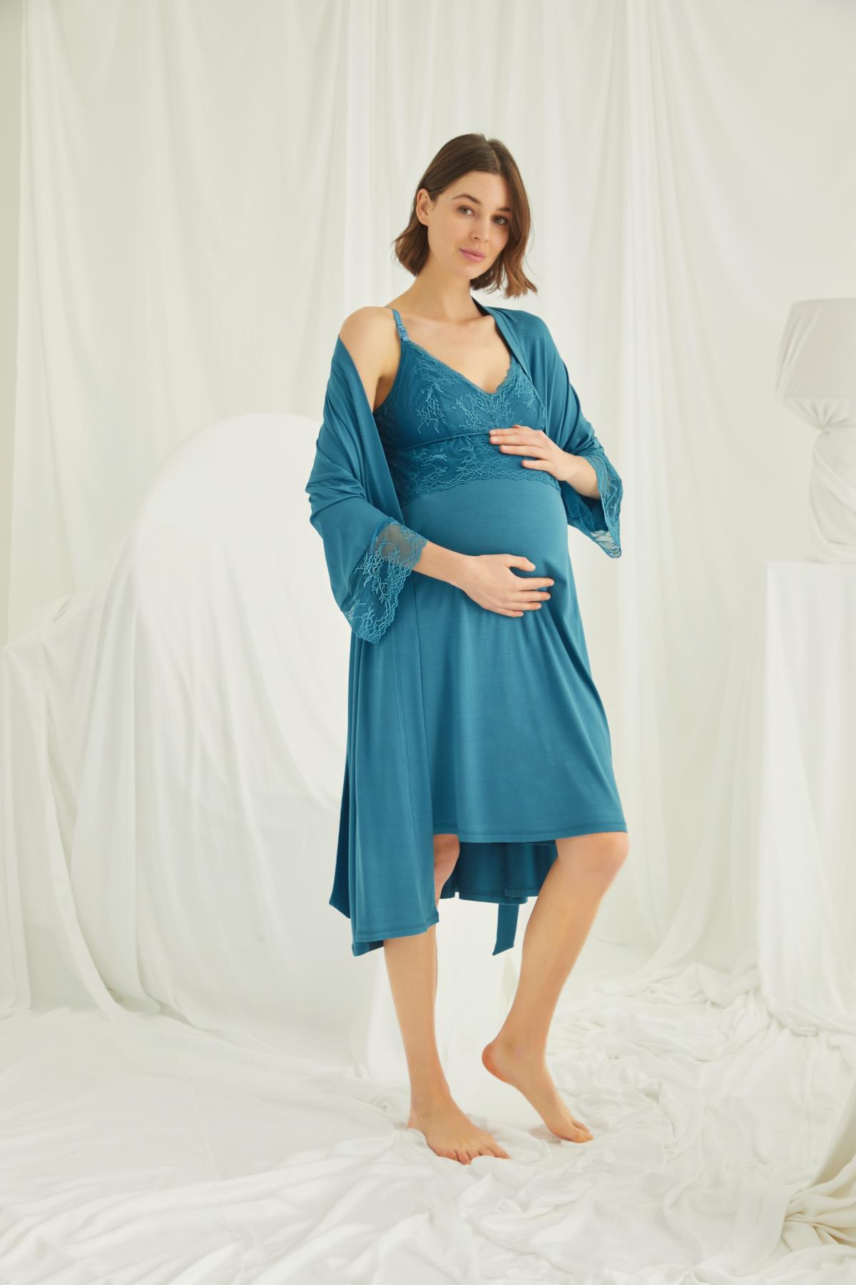Dantelli Hamile Lohusa Sabahlık Takımı PETROL MAVİSİ