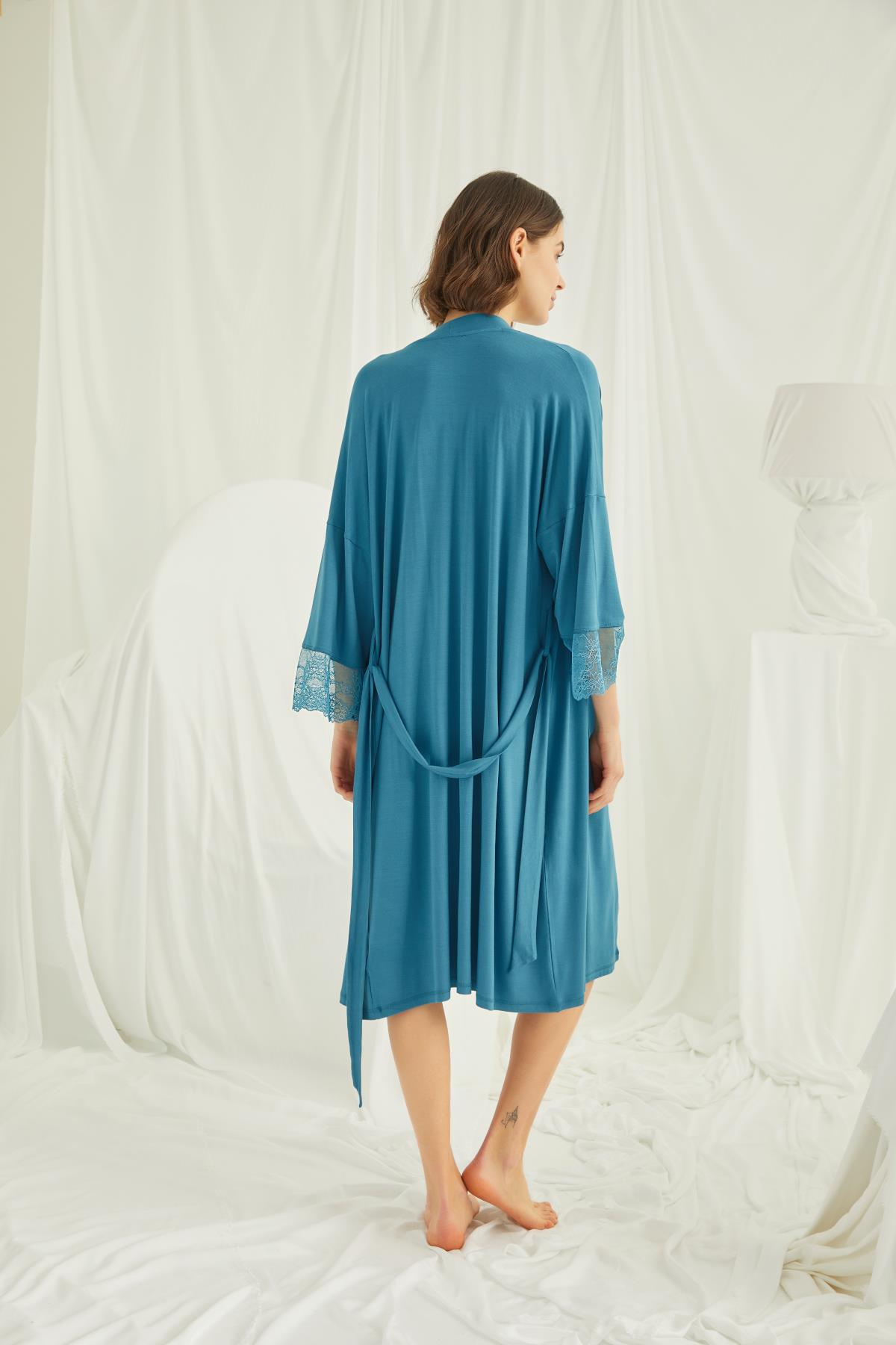 Dantelli Hamile Lohusa Sabahlık Takımı PETROL MAVİSİ