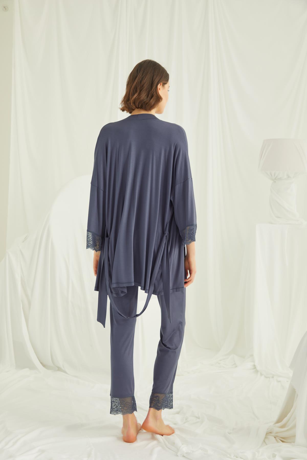 Dantelli Hamile Lohusa 3'lü Sabahlık Takımı LACİVERT