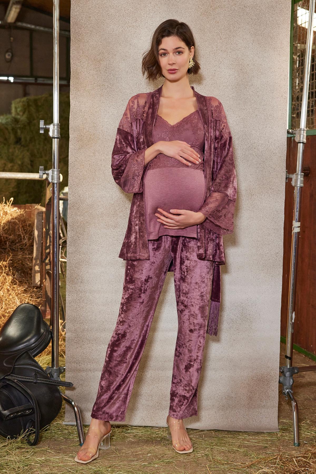 Dantelli Kadife Hamile Lohusa 3'lü Sabahlık Takımı MÜRDÜM