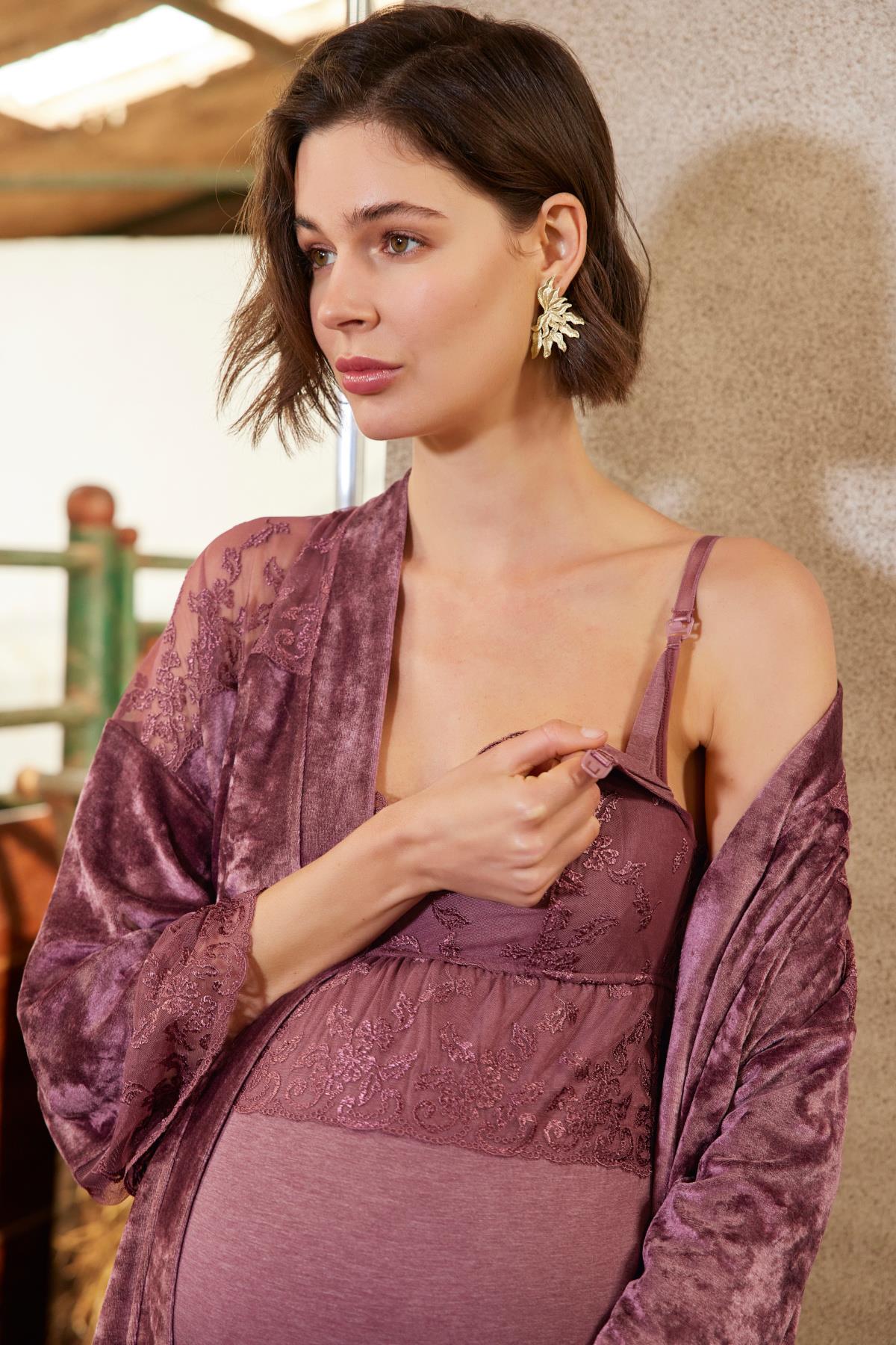 Dantelli Kadife Hamile Lohusa 3'lü Sabahlık Takımı MÜRDÜM