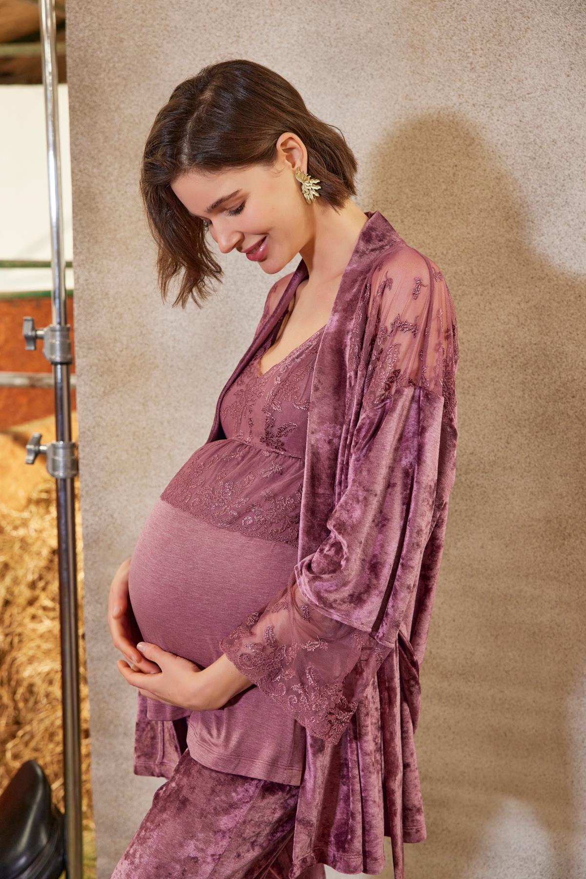 Dantelli Kadife Hamile Lohusa 3'lü Sabahlık Takımı MÜRDÜM