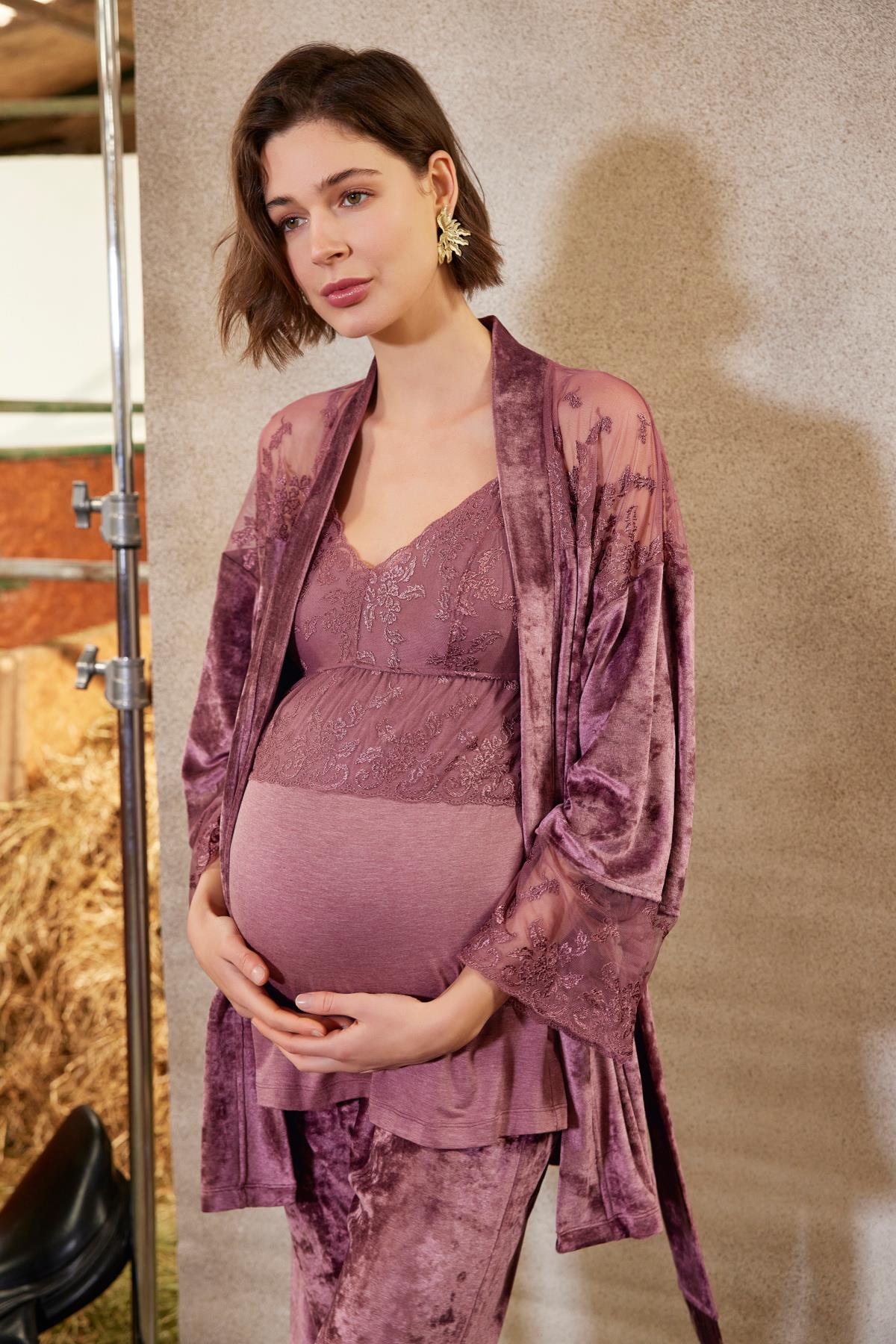 Dantelli Kadife Hamile Lohusa 3'lü Sabahlık Takımı MÜRDÜM