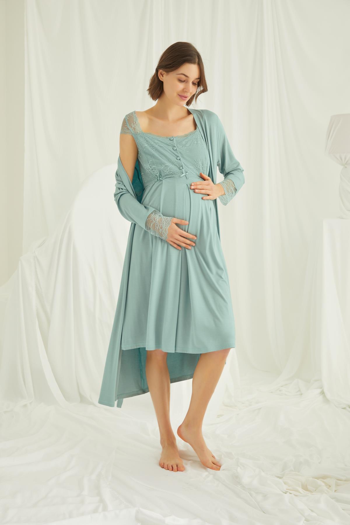 Dantelli Önü Düğmeli Hamile Lohusa Sabahlık Takımı AÇIK YEŞİL