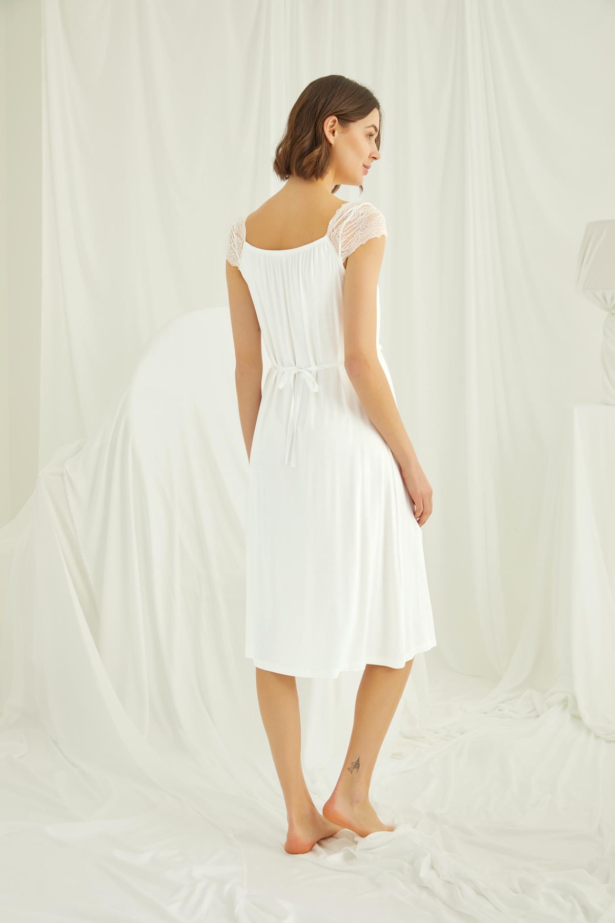 Dantelli Önü Düğmeli Hamile Lohusa Sabahlık Takımı EKRU