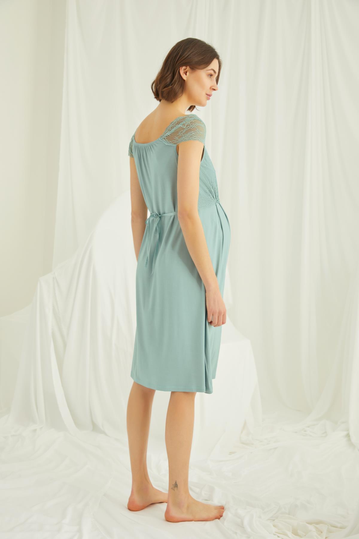 Dantelli Önü Düğmeli Hamile Lohusa Sabahlık Takımı AÇIK YEŞİL