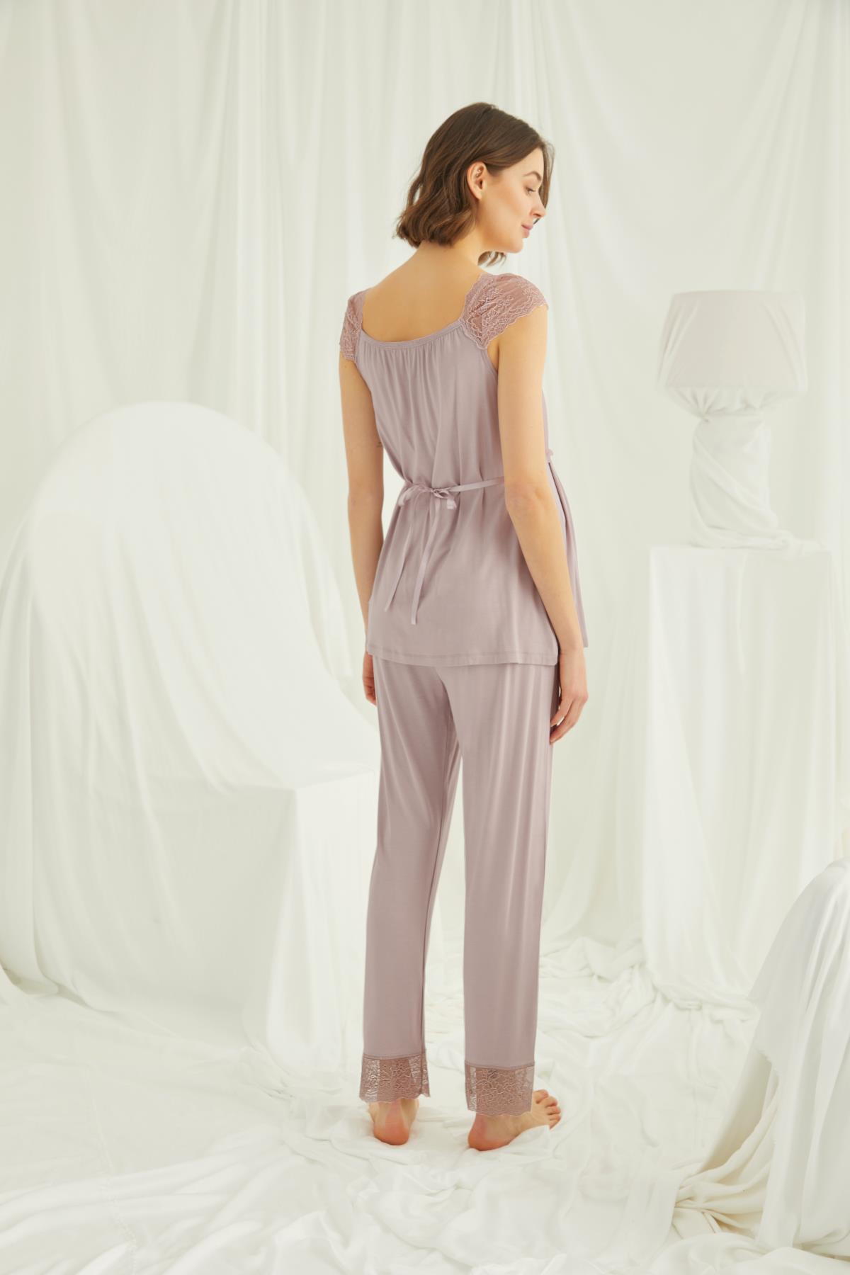 Dantelli Önü Düğmeli Hamile Lohusa 3'lü Sabahlık Takımı VİZON