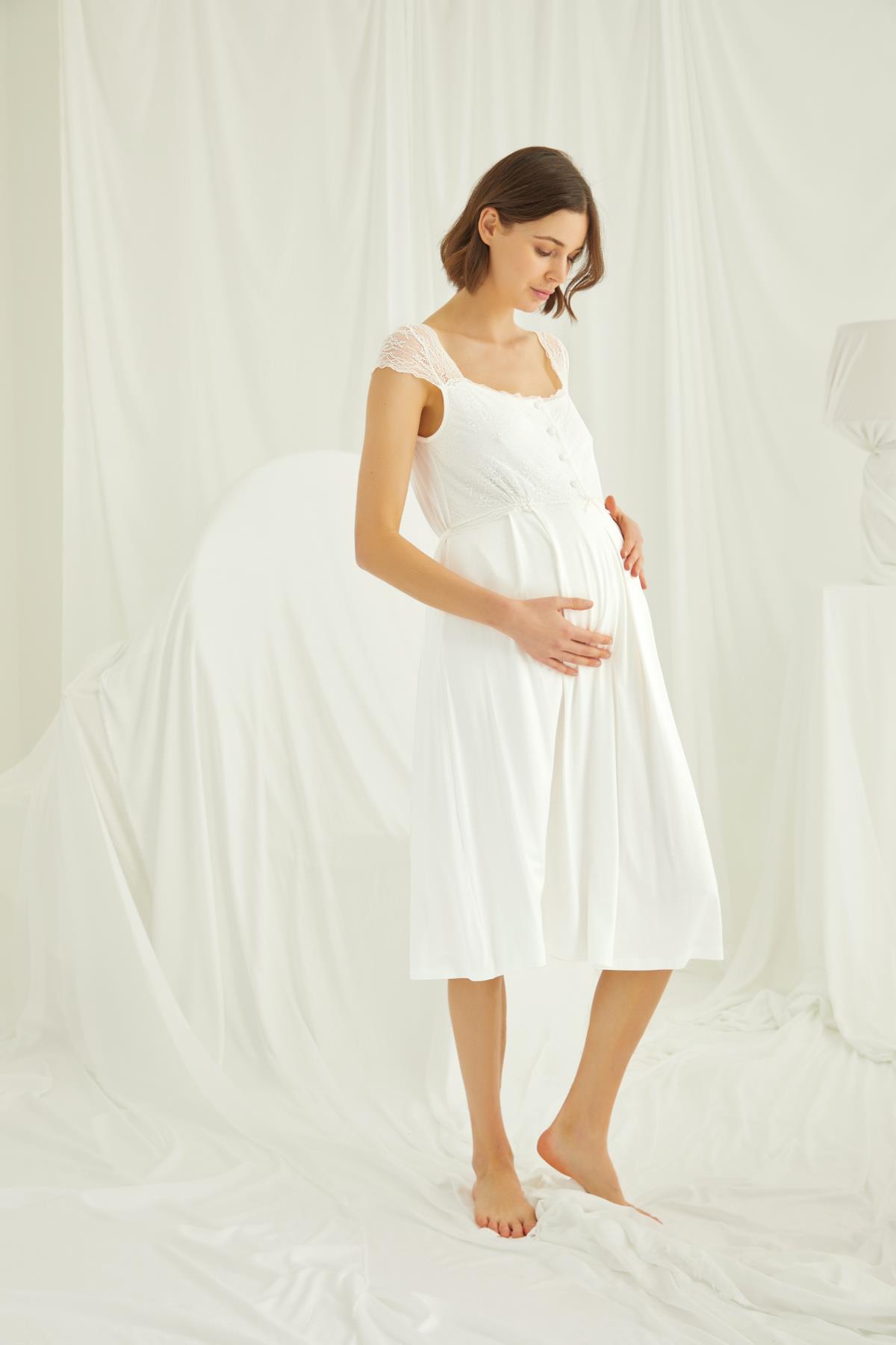 Dantelli Önü Düğmeli Hamile Lohusa Sabahlık Takımı EKRU