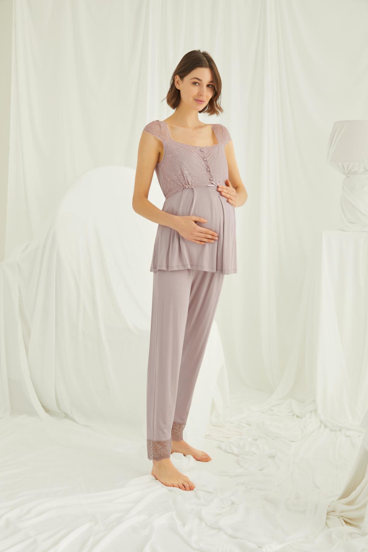 Dantelli Önü Düğmeli Hamile Lohusa 3'lü Sabahlık Takımı VİZON