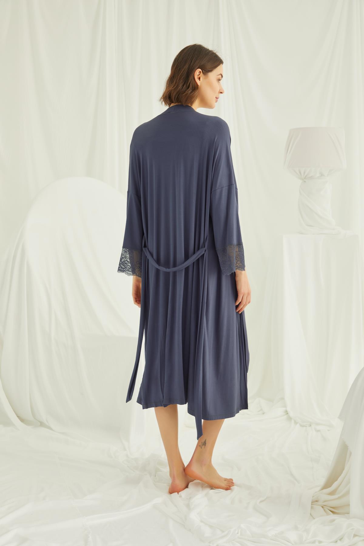 Dantelli Önü Düğmeli Hamile Lohusa Sabahlık Takımı LACİVERT