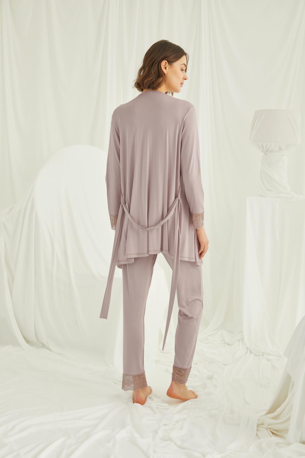 Dantelli Önü Düğmeli Hamile Lohusa 3'lü Sabahlık Takımı VİZON