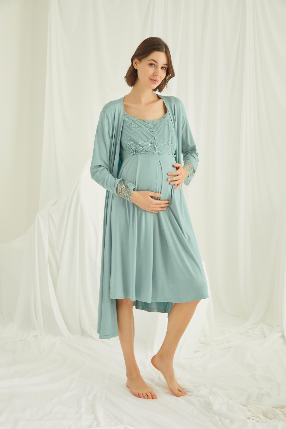 Dantelli Önü Düğmeli Hamile Lohusa Sabahlık Takımı AÇIK YEŞİL