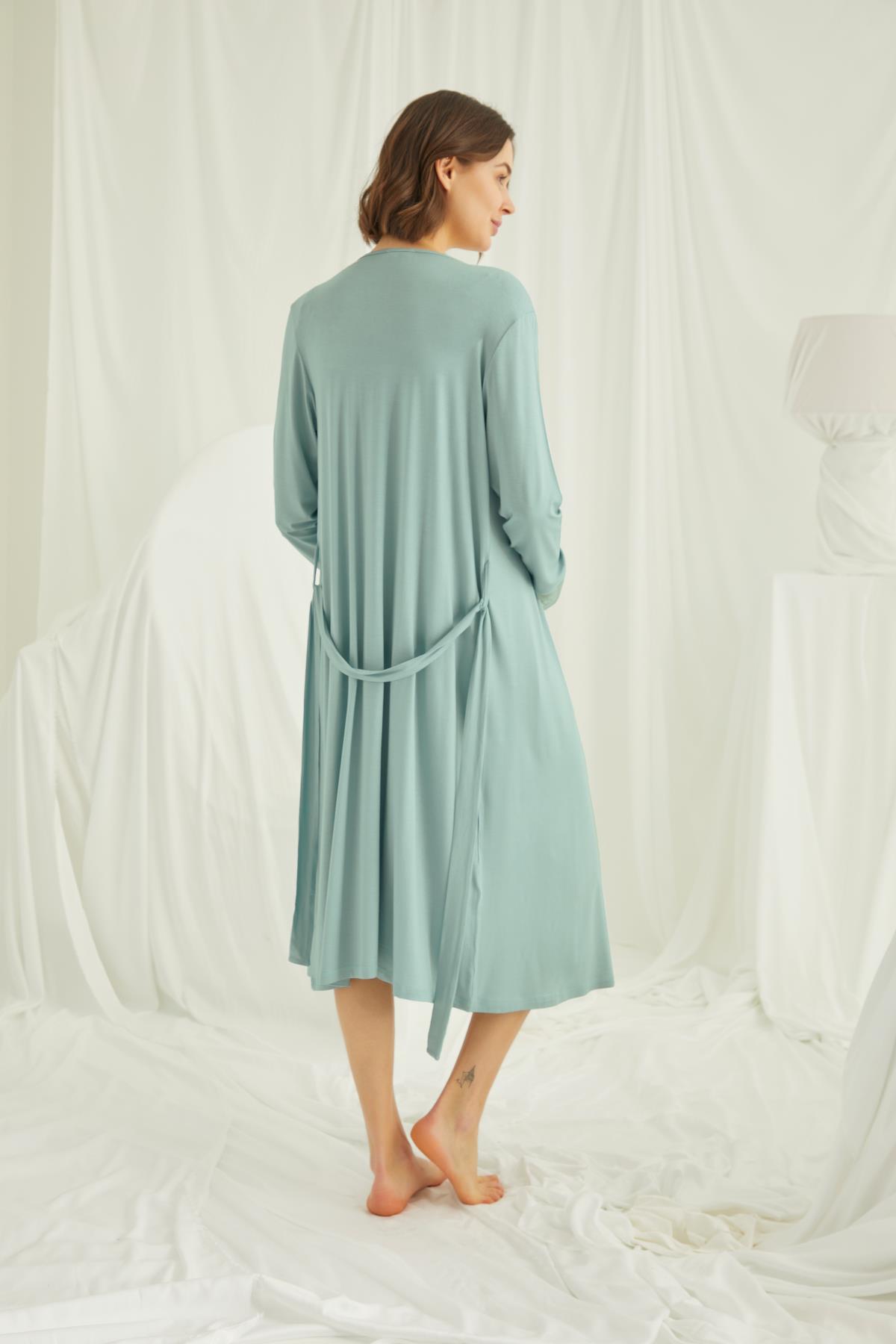 Dantelli Önü Düğmeli Hamile Lohusa Sabahlık Takımı AÇIK YEŞİL