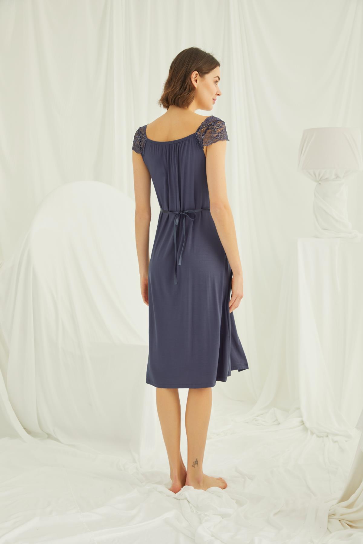 Dantelli Önü Düğmeli Hamile Lohusa Sabahlık Takımı LACİVERT