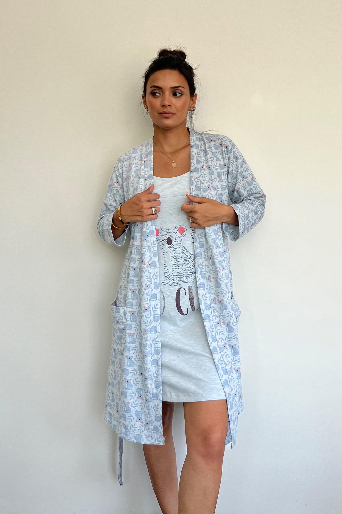 Koala Desenli ve Baskılı Sabahlık Takımı MAVİ