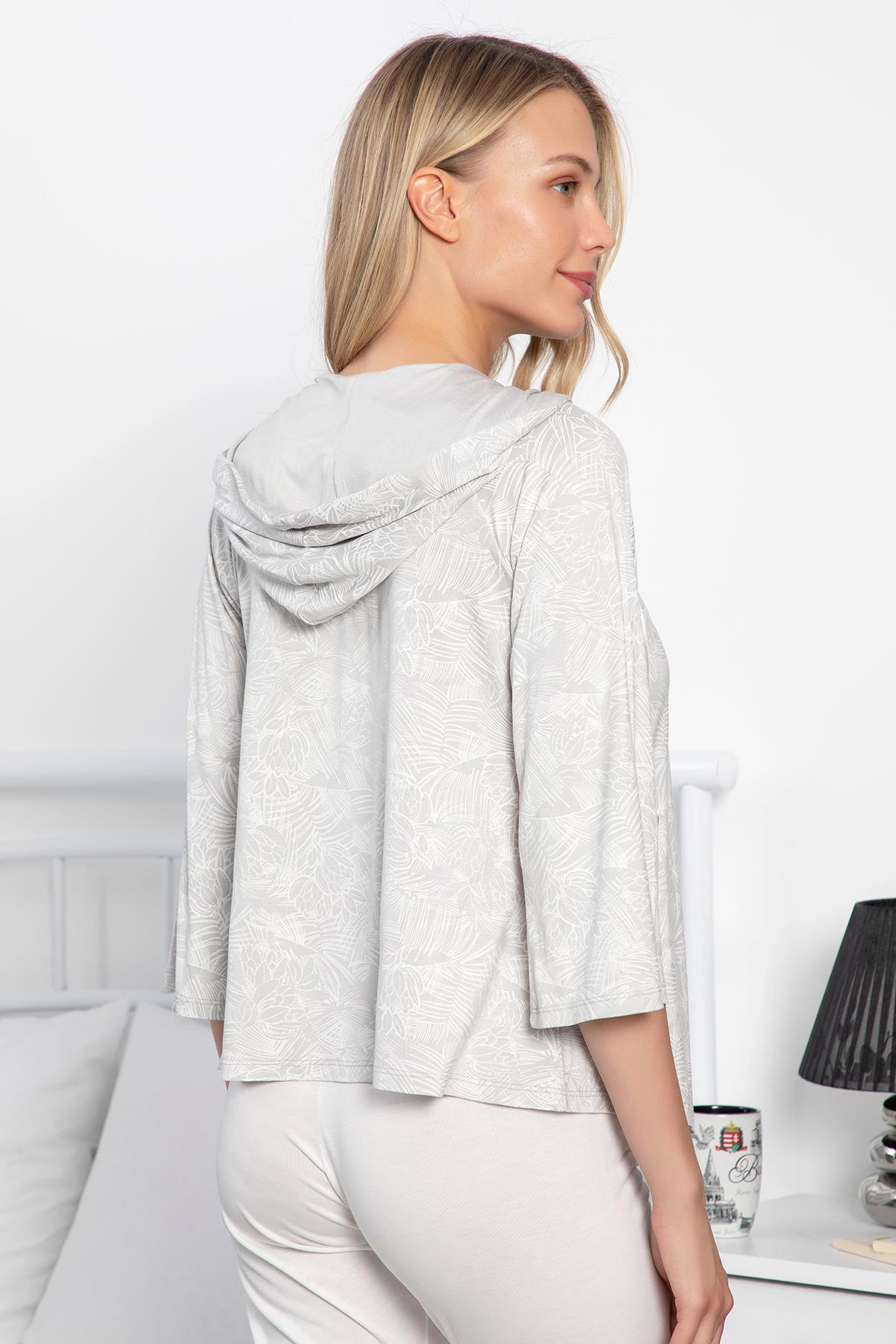 Kapüşonlu Önü Düğmeli Kurdeleli Sabahlık EKRU