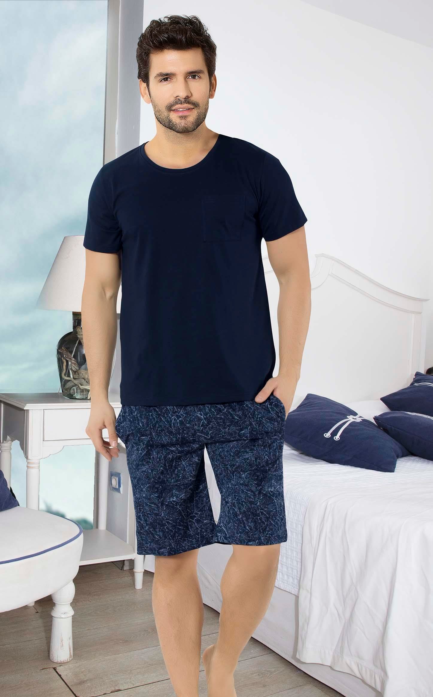 Desenli Kısa Kollu Erkek Şort Takımı LACİVERT