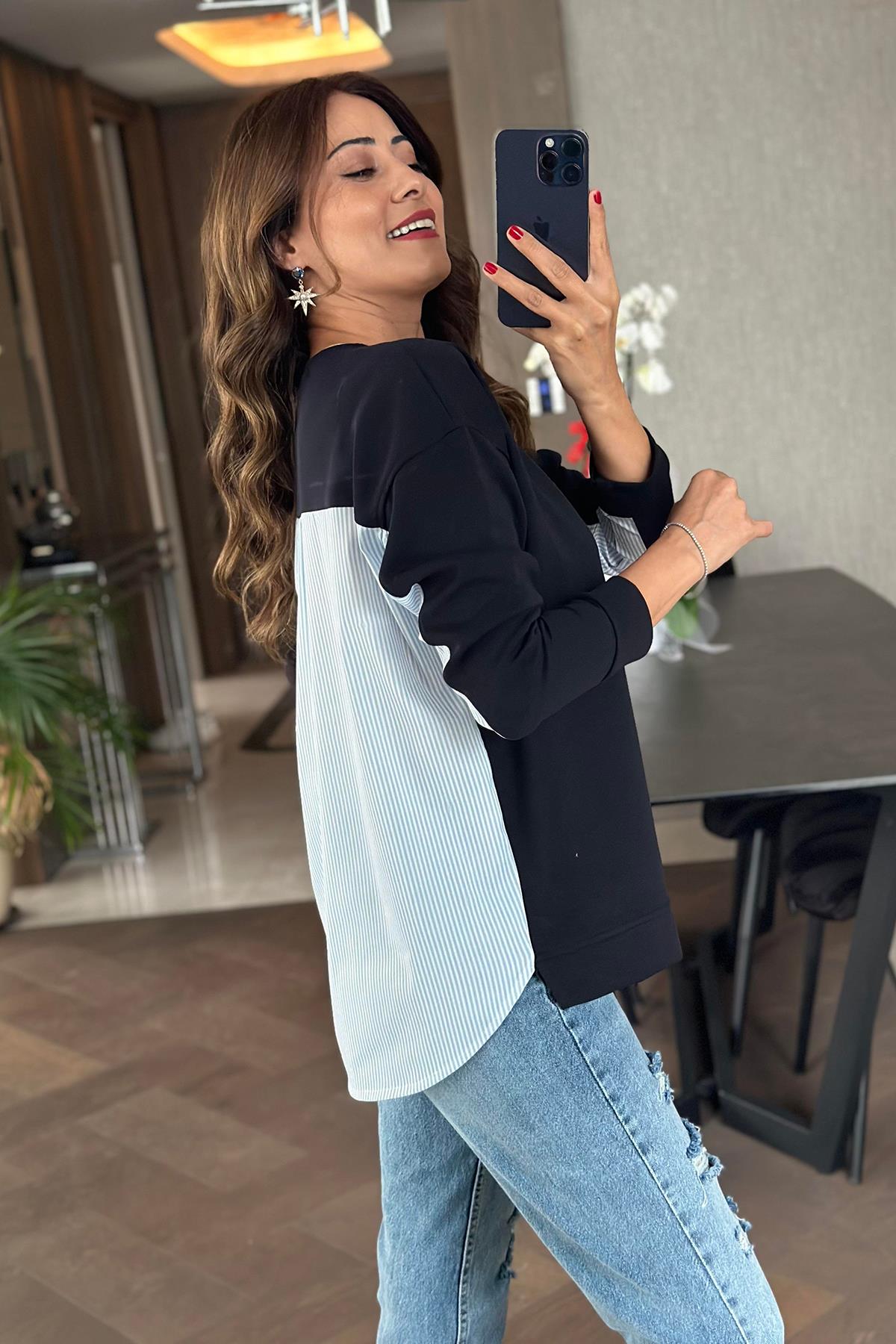 ARKASI GÖMLEK DETAYLI UZUN KOLLU İNCE SWEAT LACİVERT