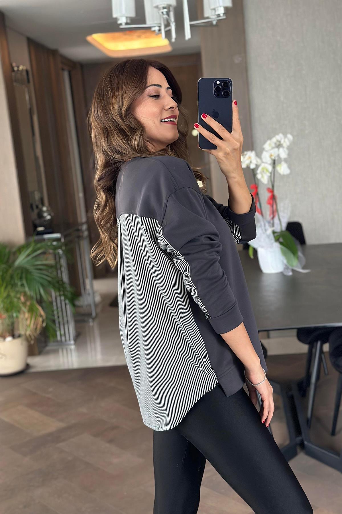 ARKASI GÖMLEK DETAYLI UZUN KOLLU İNCE SWEAT FÜME