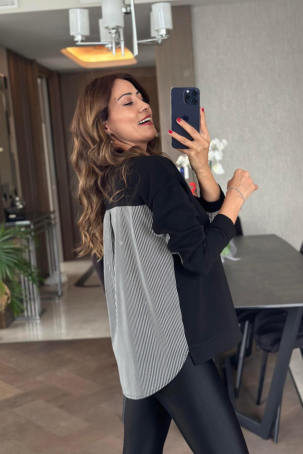 ARKASI GÖMLEK DETAYLI UZUN KOLLU İNCE SWEAT SİYAH