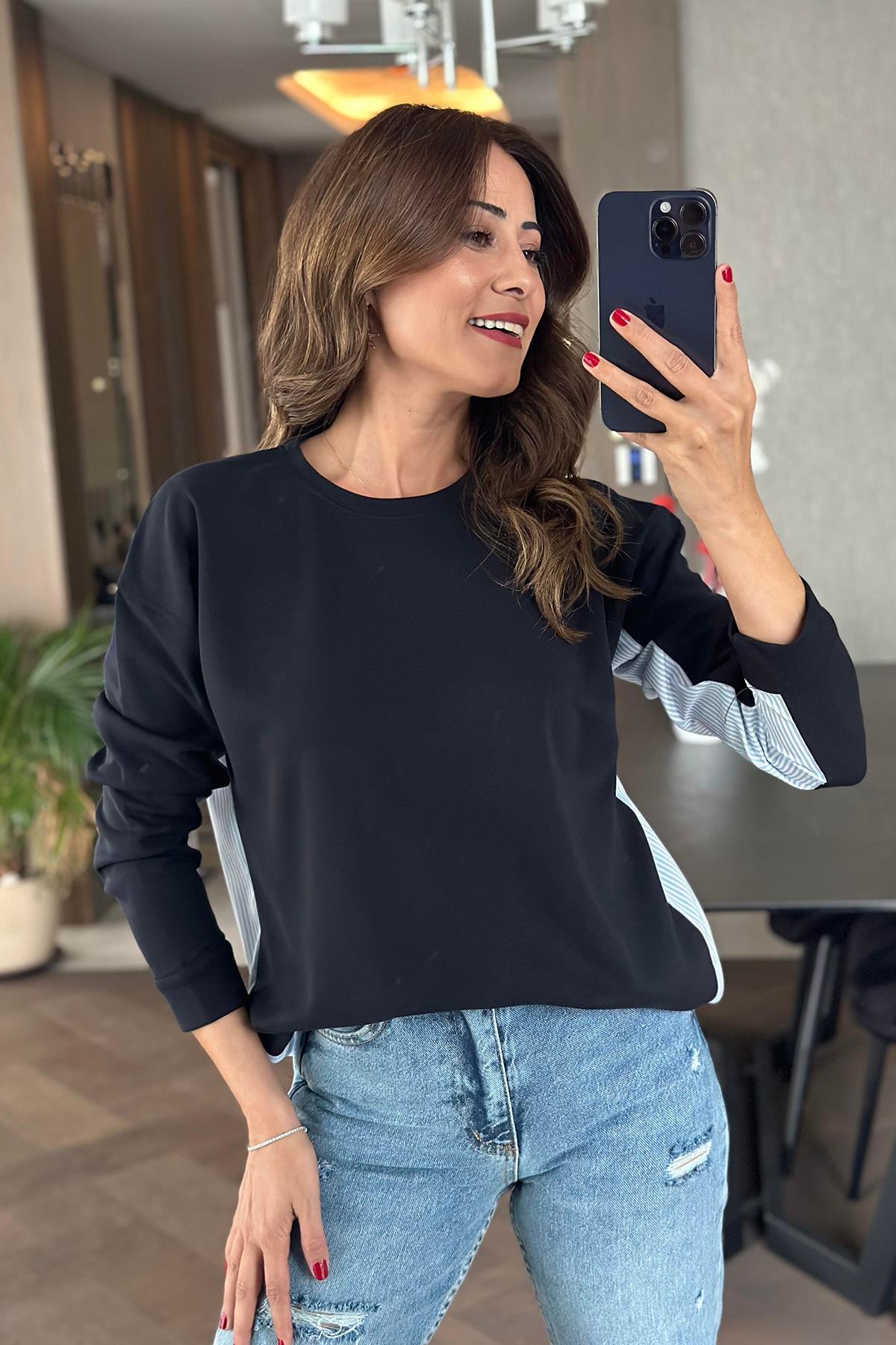 ARKASI GÖMLEK DETAYLI UZUN KOLLU İNCE SWEAT LACİVERT