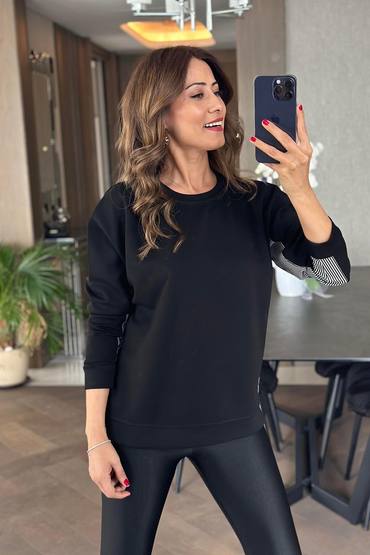 ARKASI GÖMLEK DETAYLI UZUN KOLLU İNCE SWEAT SİYAH