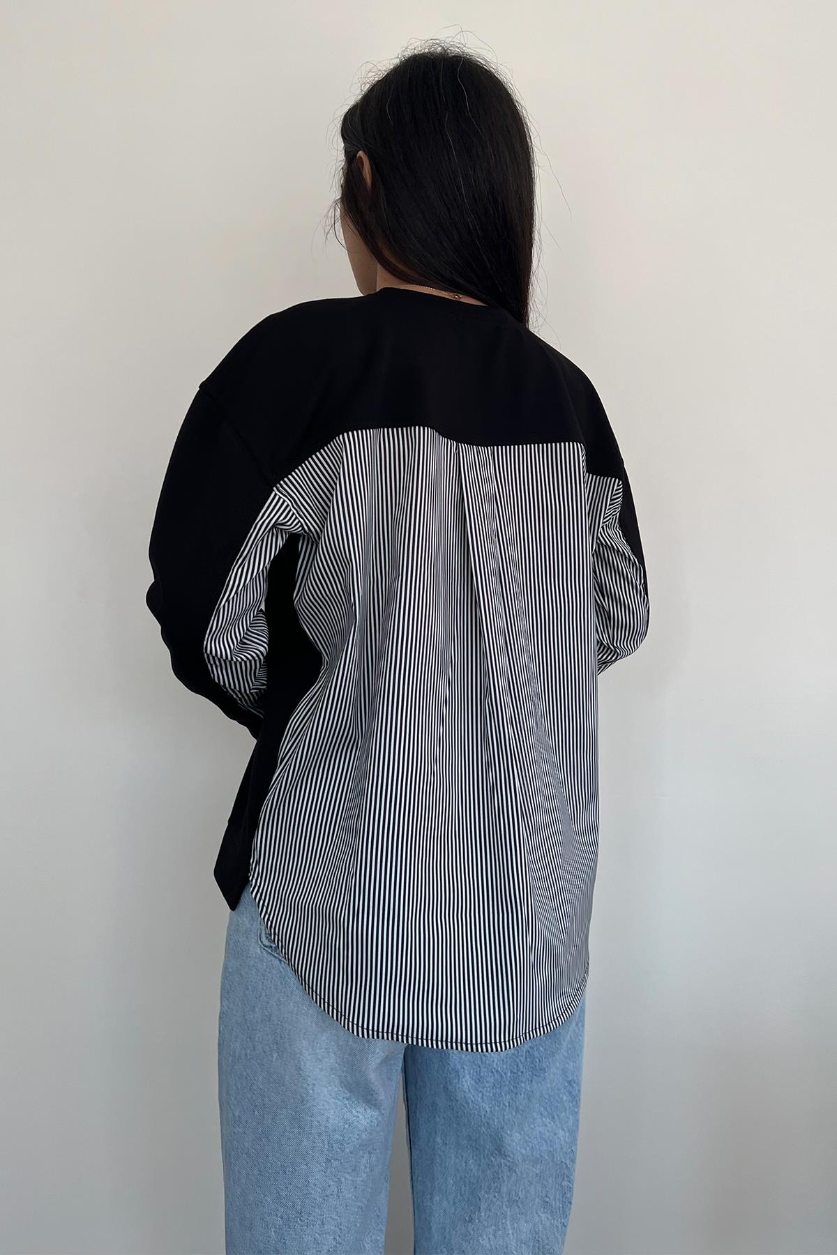 ARKASI GÖMLEK DETAYLI UZUN KOLLU İNCE SWEAT SİYAH