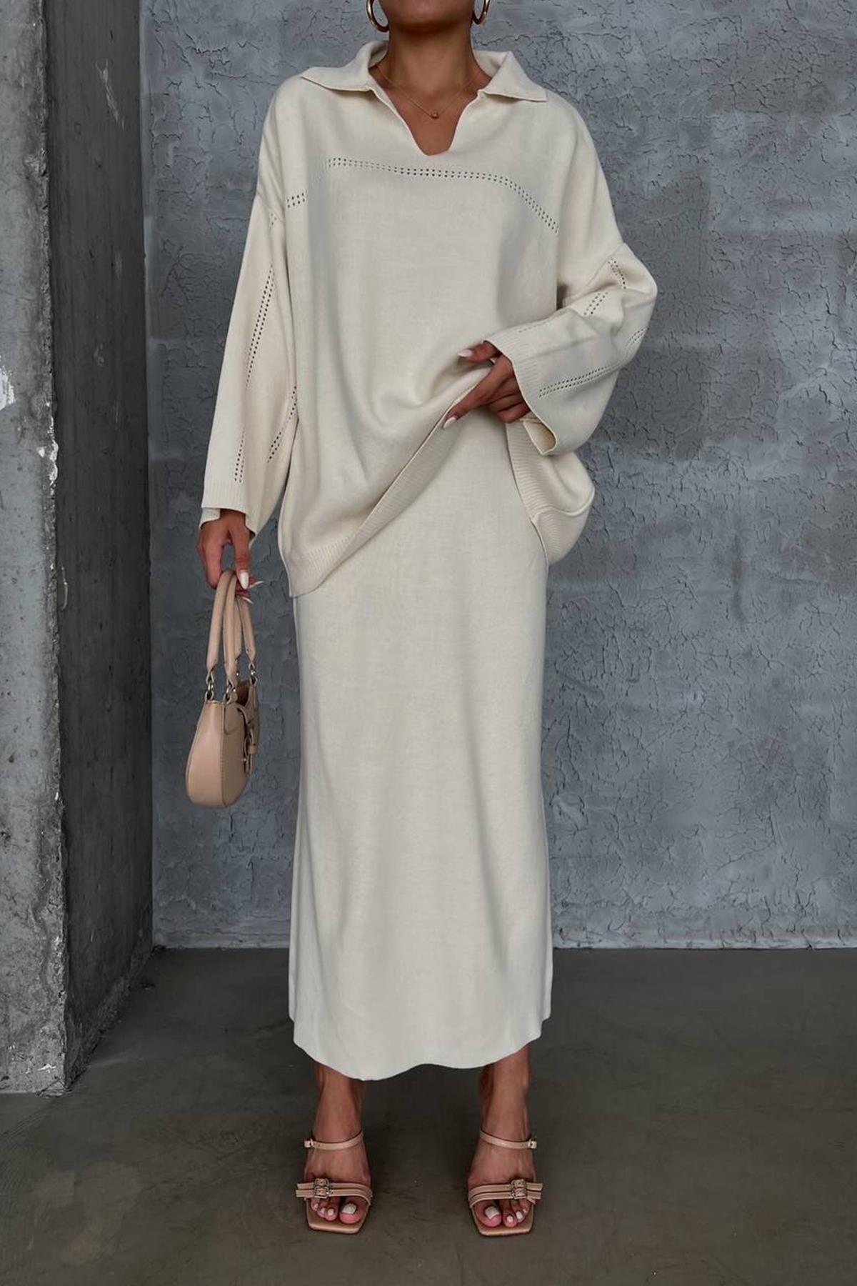 ОТКРЫТЫЙ ТРИКОТАЖНЫЙ КОСТЮМ С ЮБКОЙ