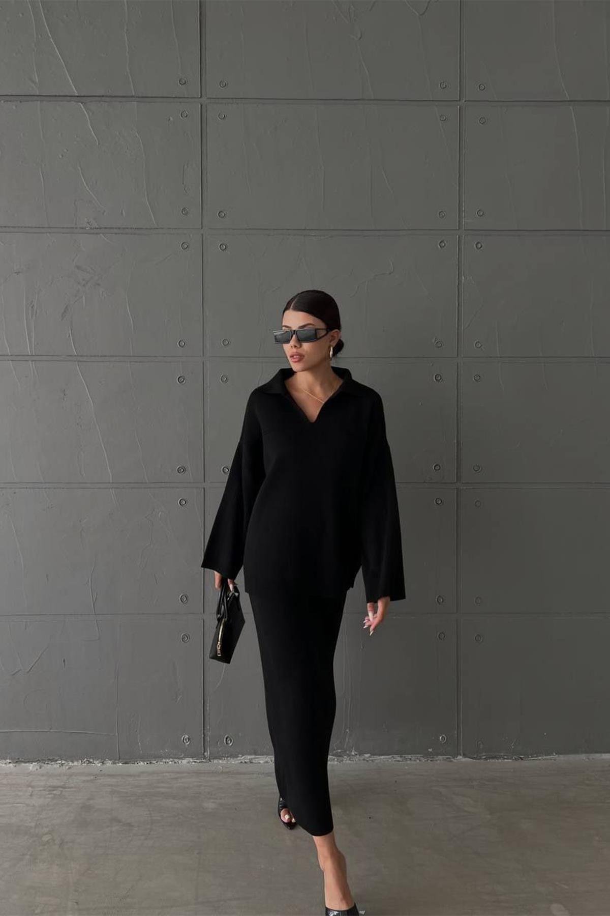 ETEKLİ AJURLU TRİKO TAKIM SİYAH