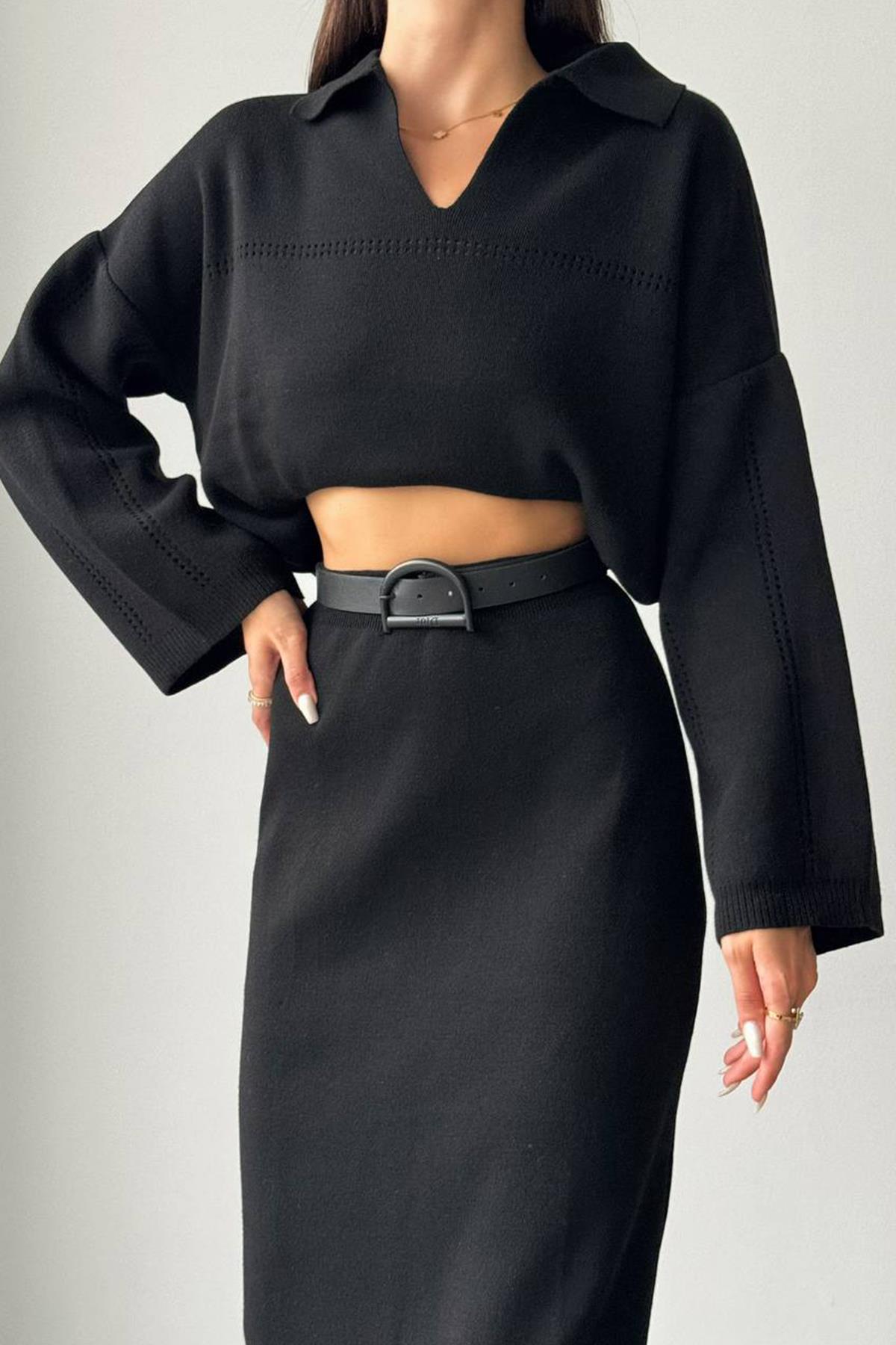 ETEKLİ AJURLU TRİKO TAKIM SİYAH