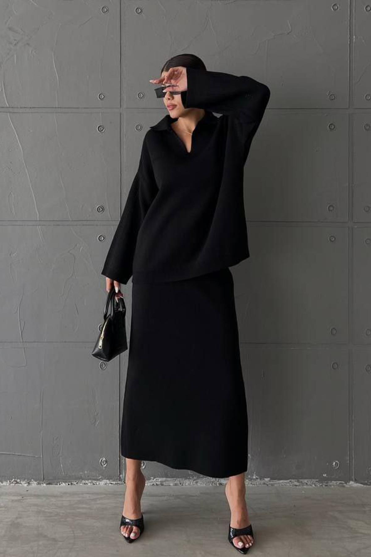 ETEKLİ AJURLU TRİKO TAKIM SİYAH