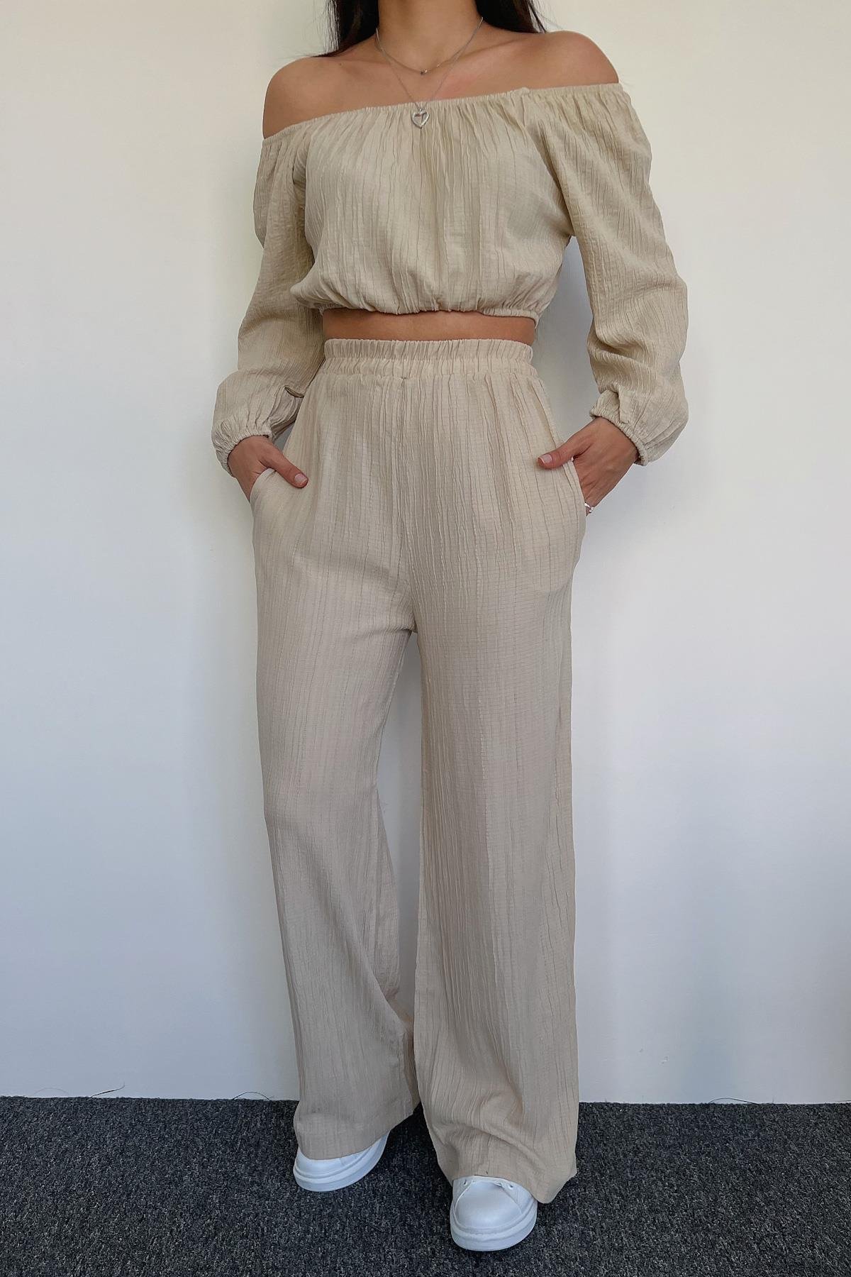 KAYIK YAKA GOFRE TAKIM BEJ