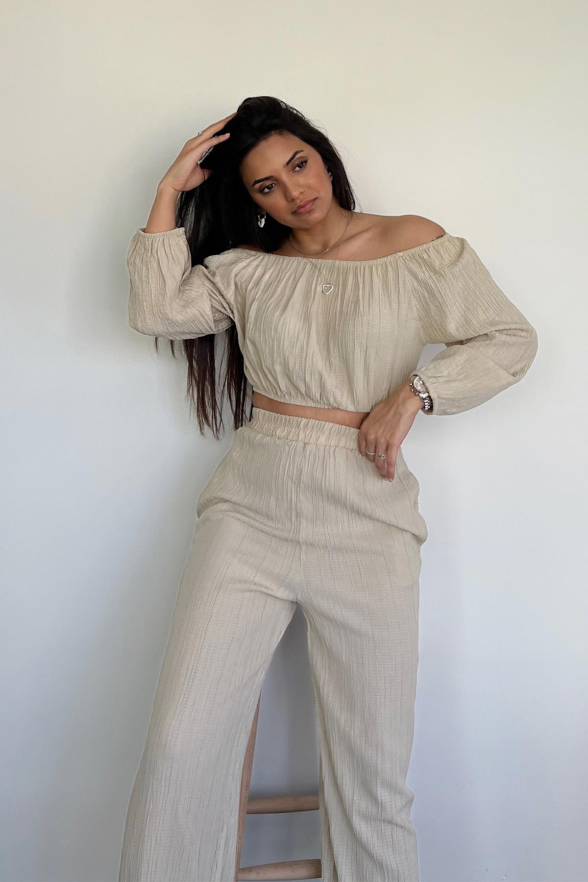 KAYIK YAKA GOFRE TAKIM BEJ