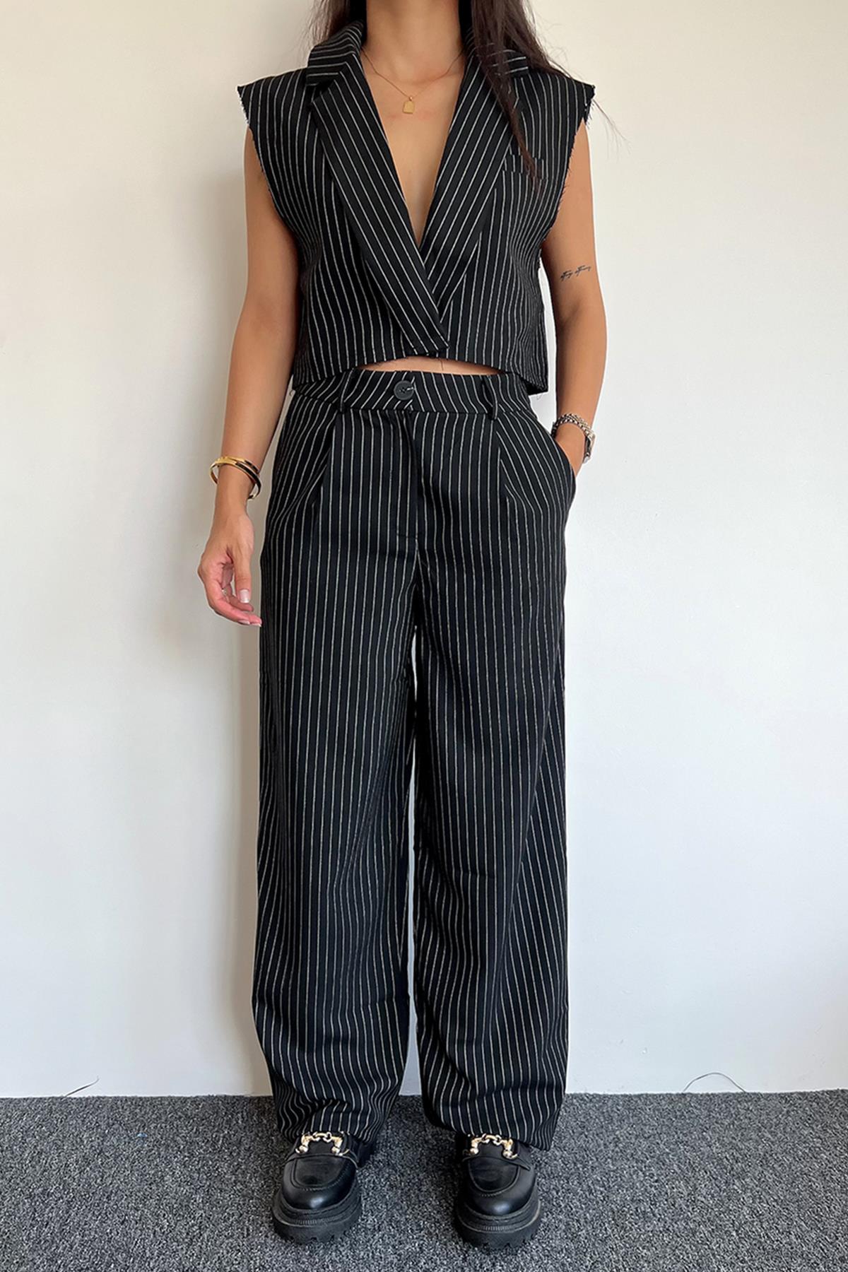 YELEK PANTOLON ÇİZGİLİ TAKIM SİYAH