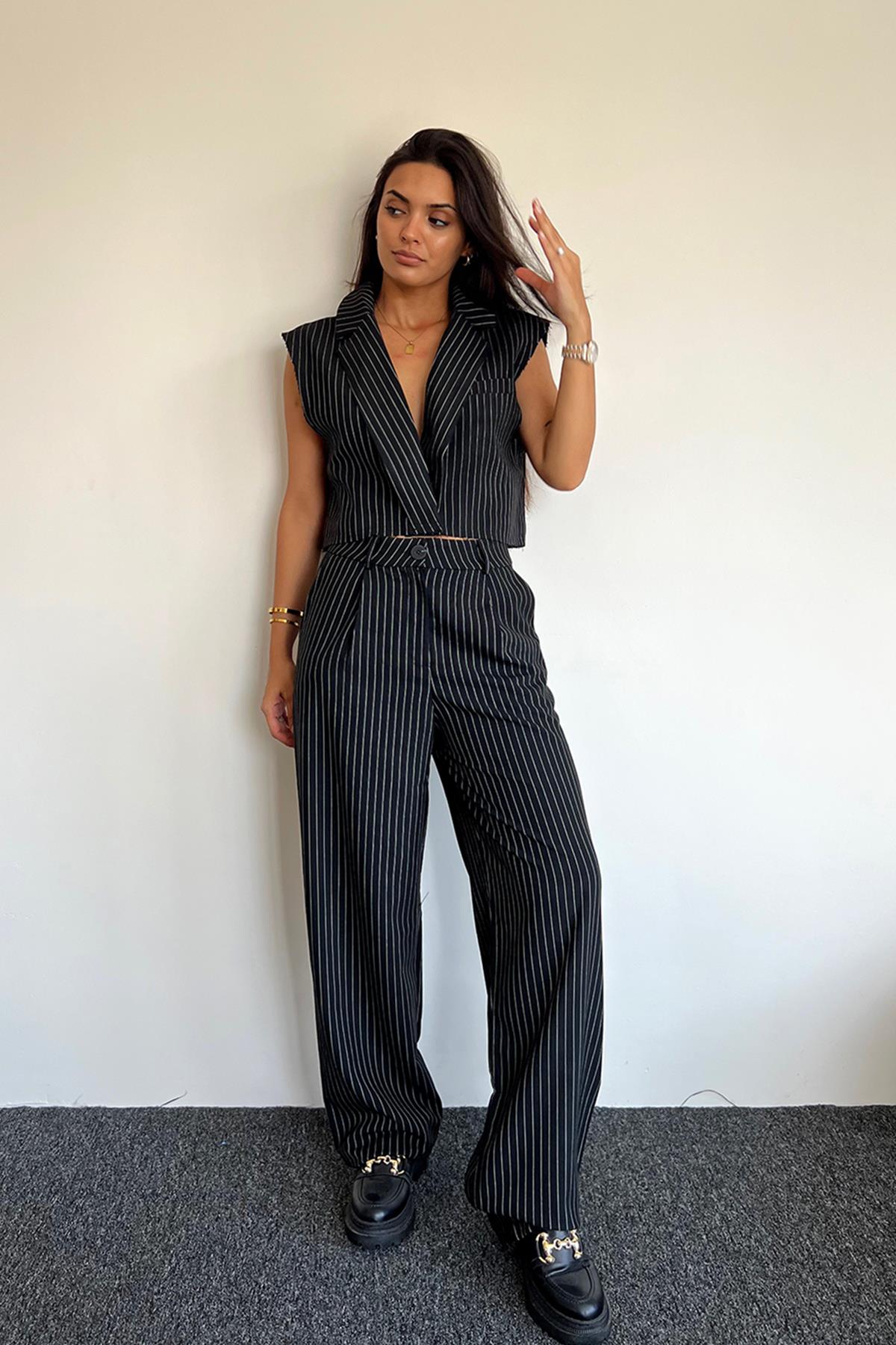 YELEK PANTOLON ÇİZGİLİ TAKIM SİYAH