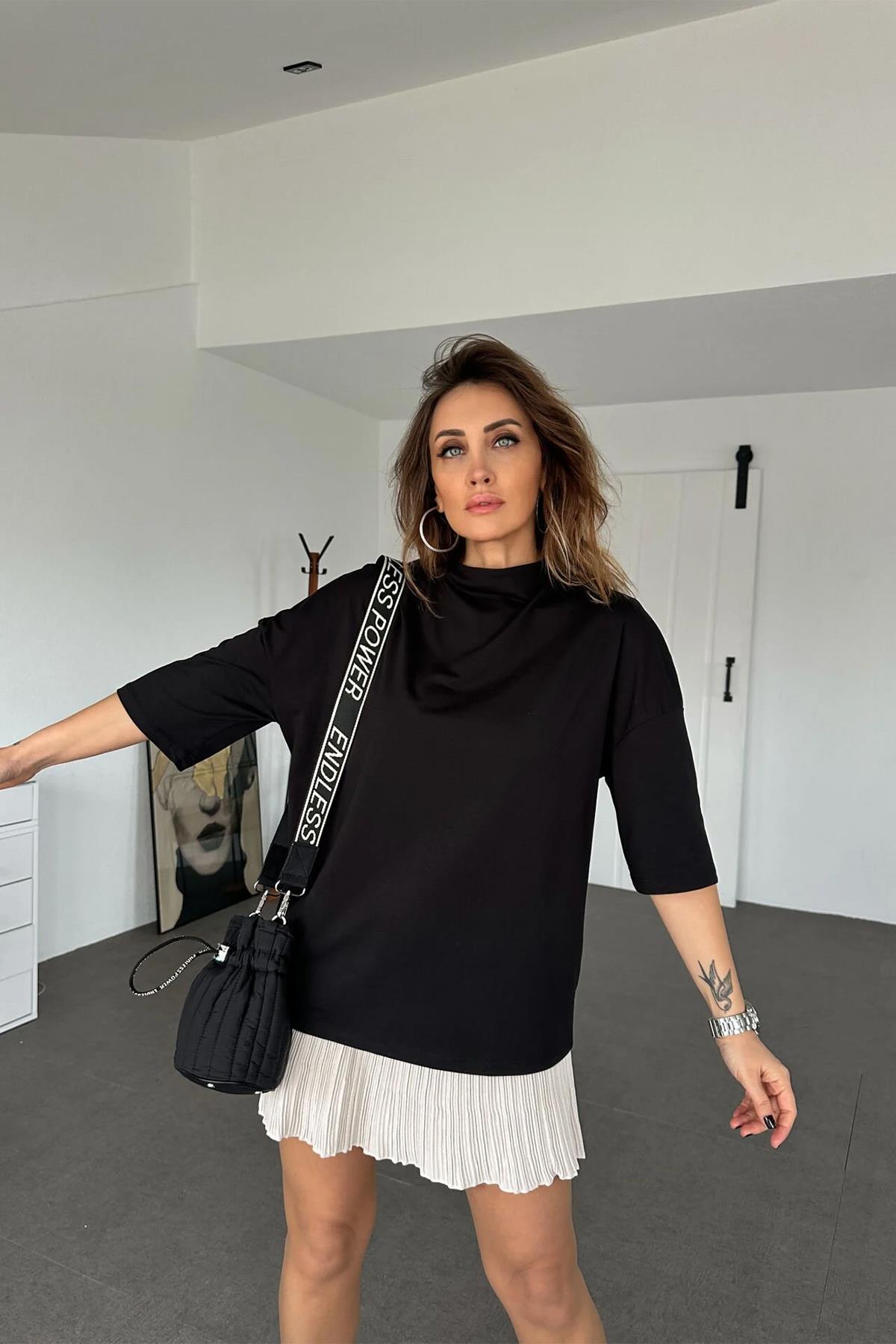 DİK YAKA DÜŞÜK OMUZLU TİŞÖRT SİYAH