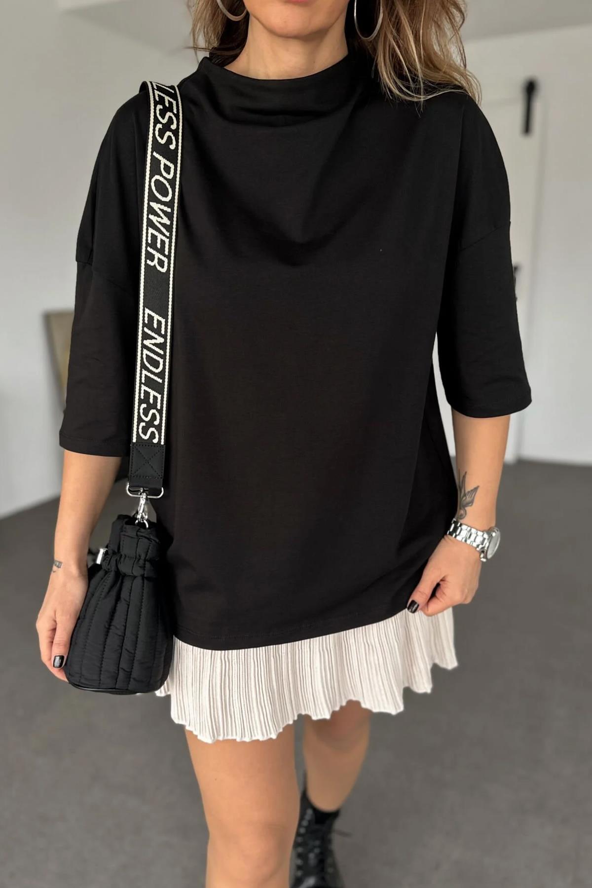 DİK YAKA DÜŞÜK OMUZLU TİŞÖRT SİYAH