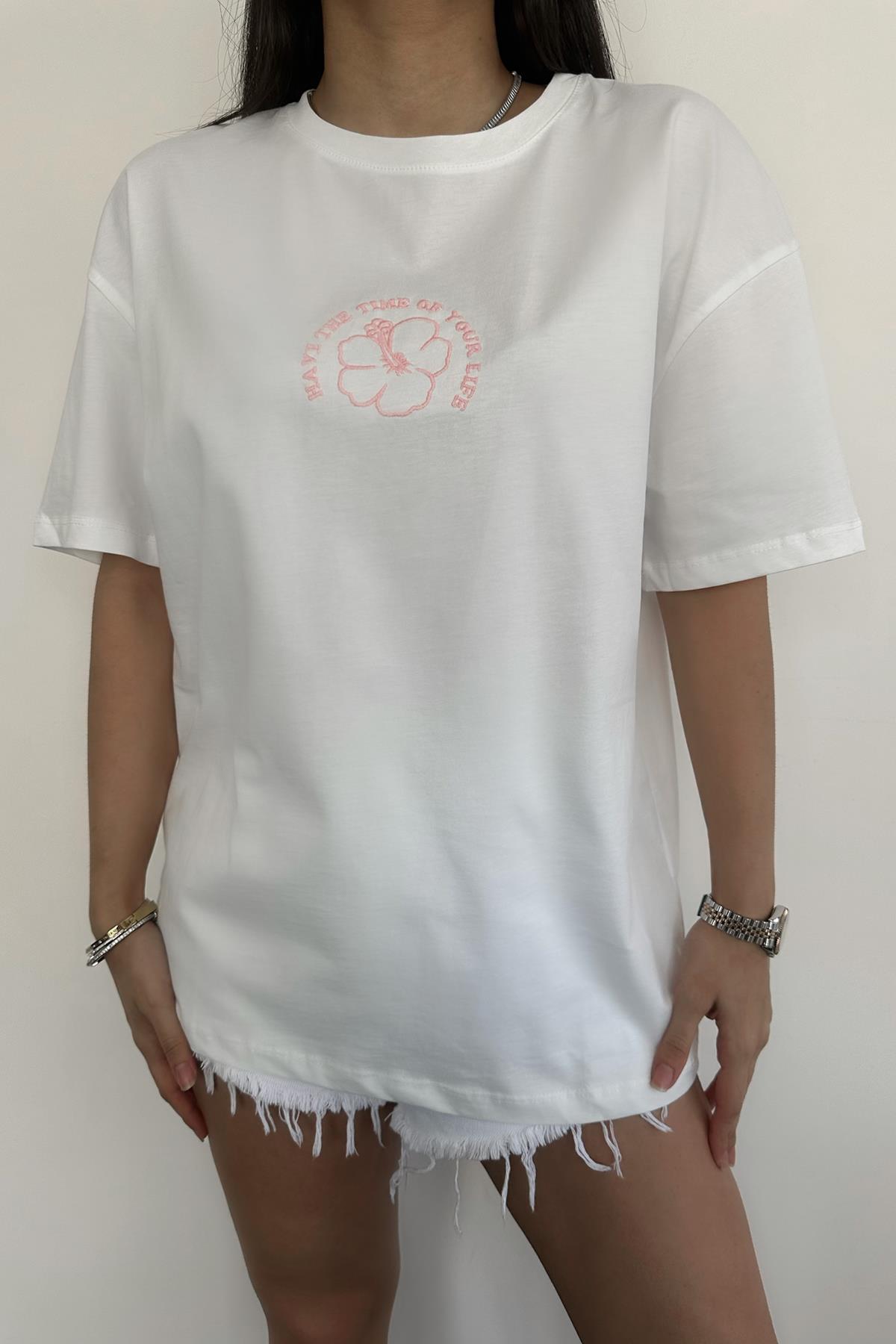 FLOWER NAKIŞLI TİŞÖRT BEYAZ